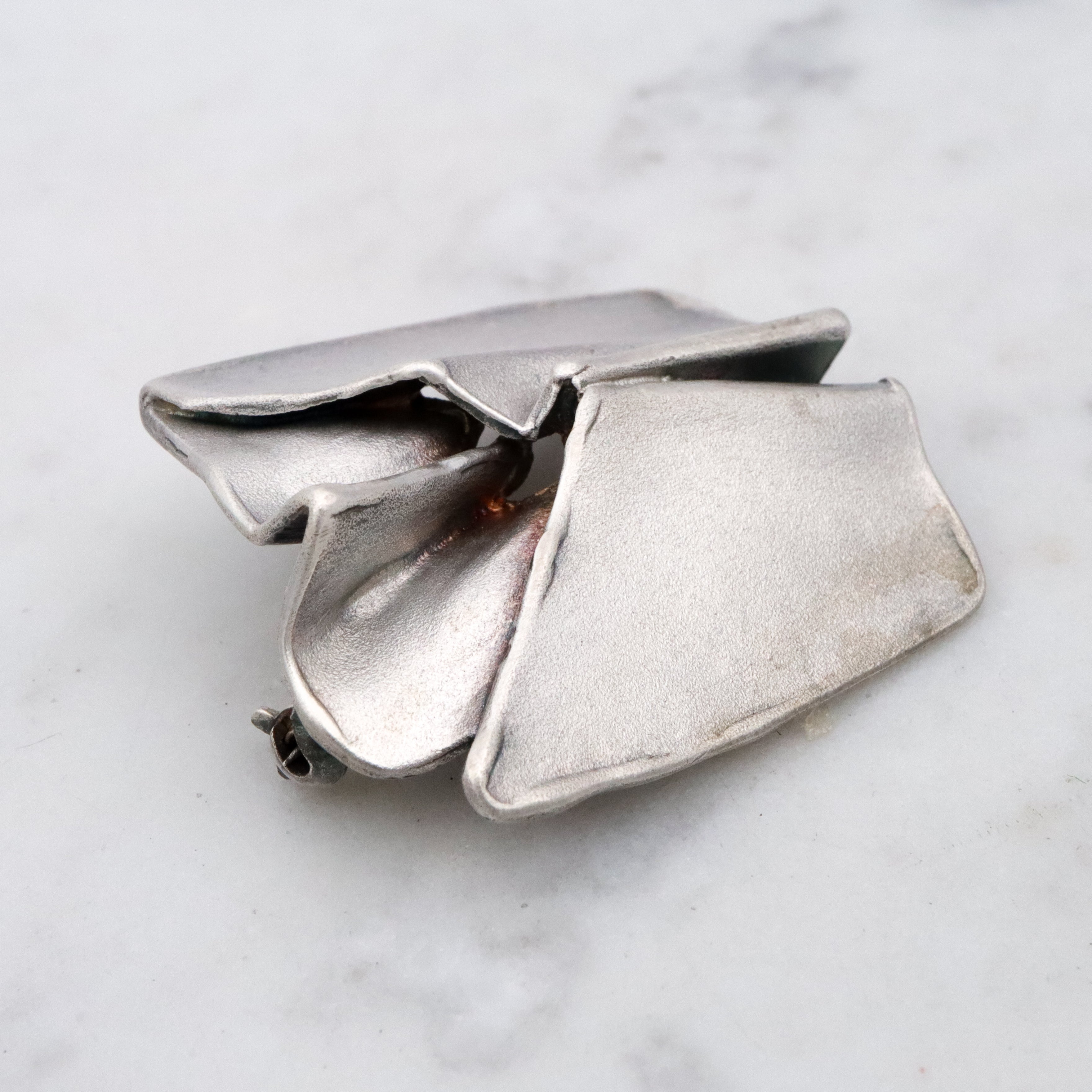 Modernist sculptural origami matte sterling brooch