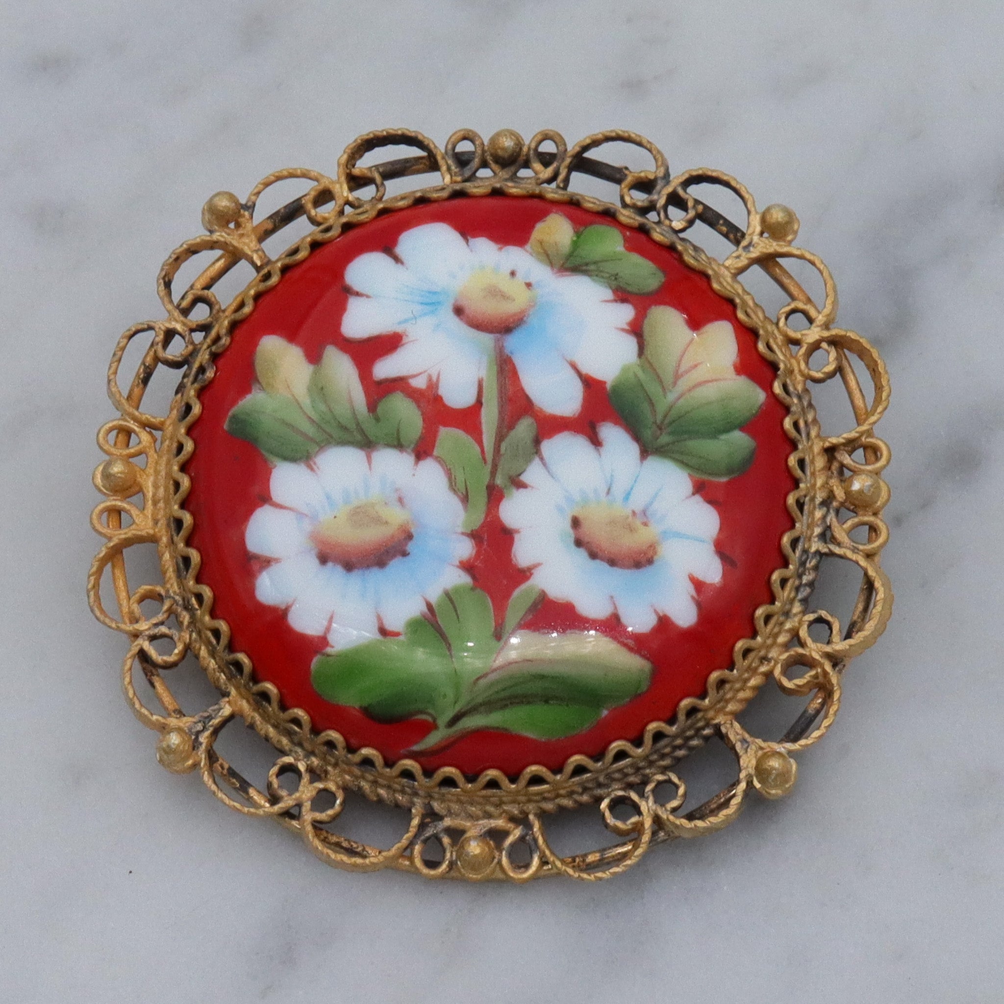 Antique hand painted flower enamel gilt metal brooch