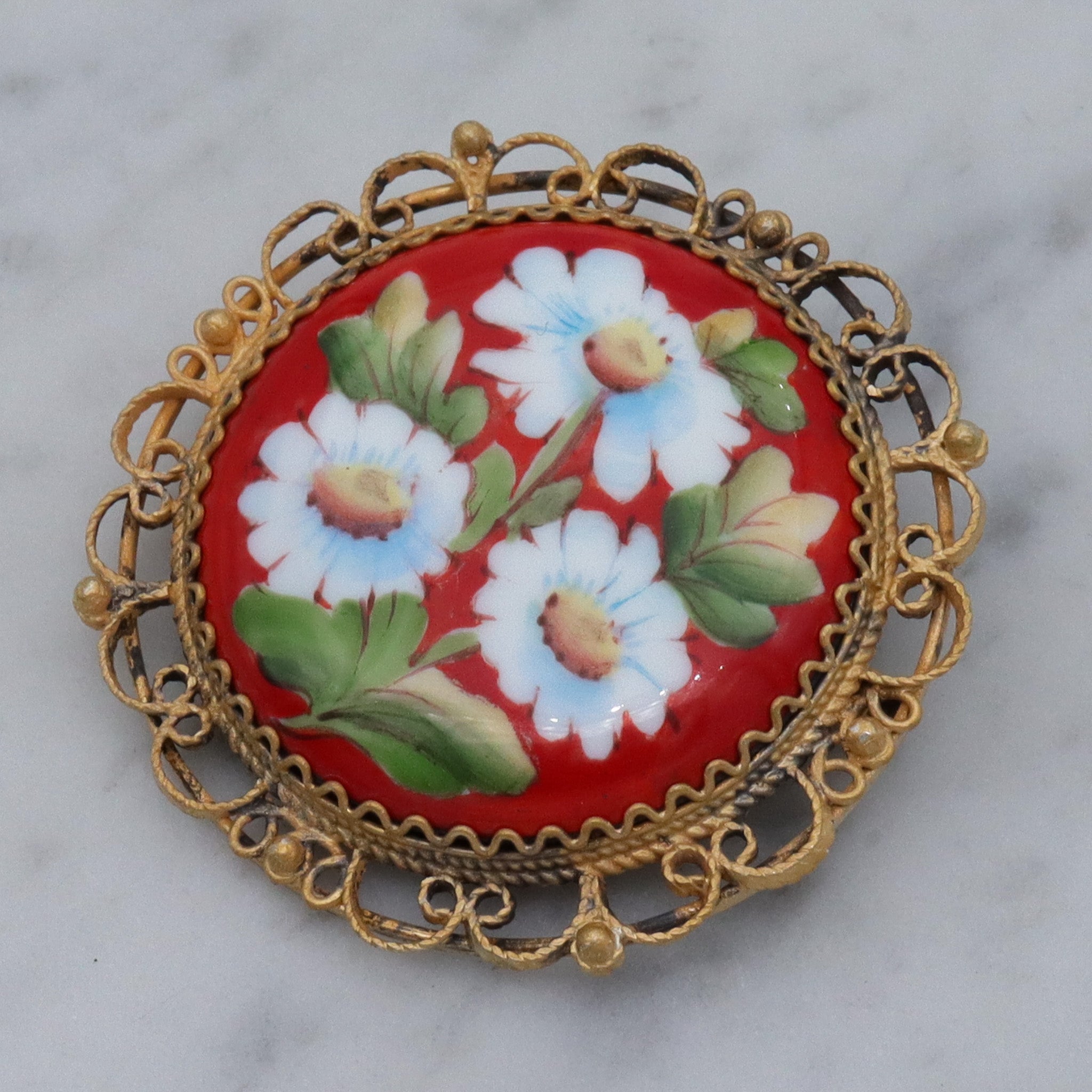 Antique hand painted flower enamel gilt metal brooch