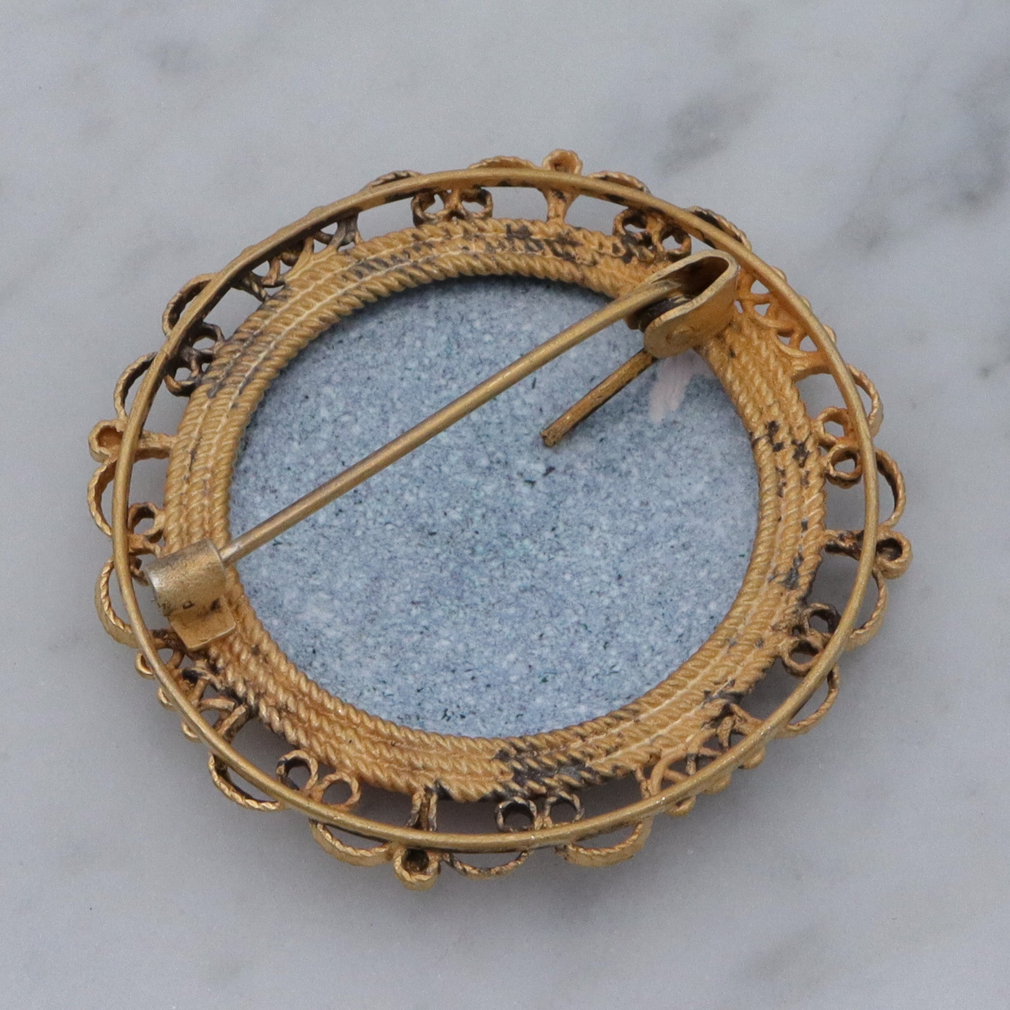 Antique hand painted flower enamel gilt metal brooch