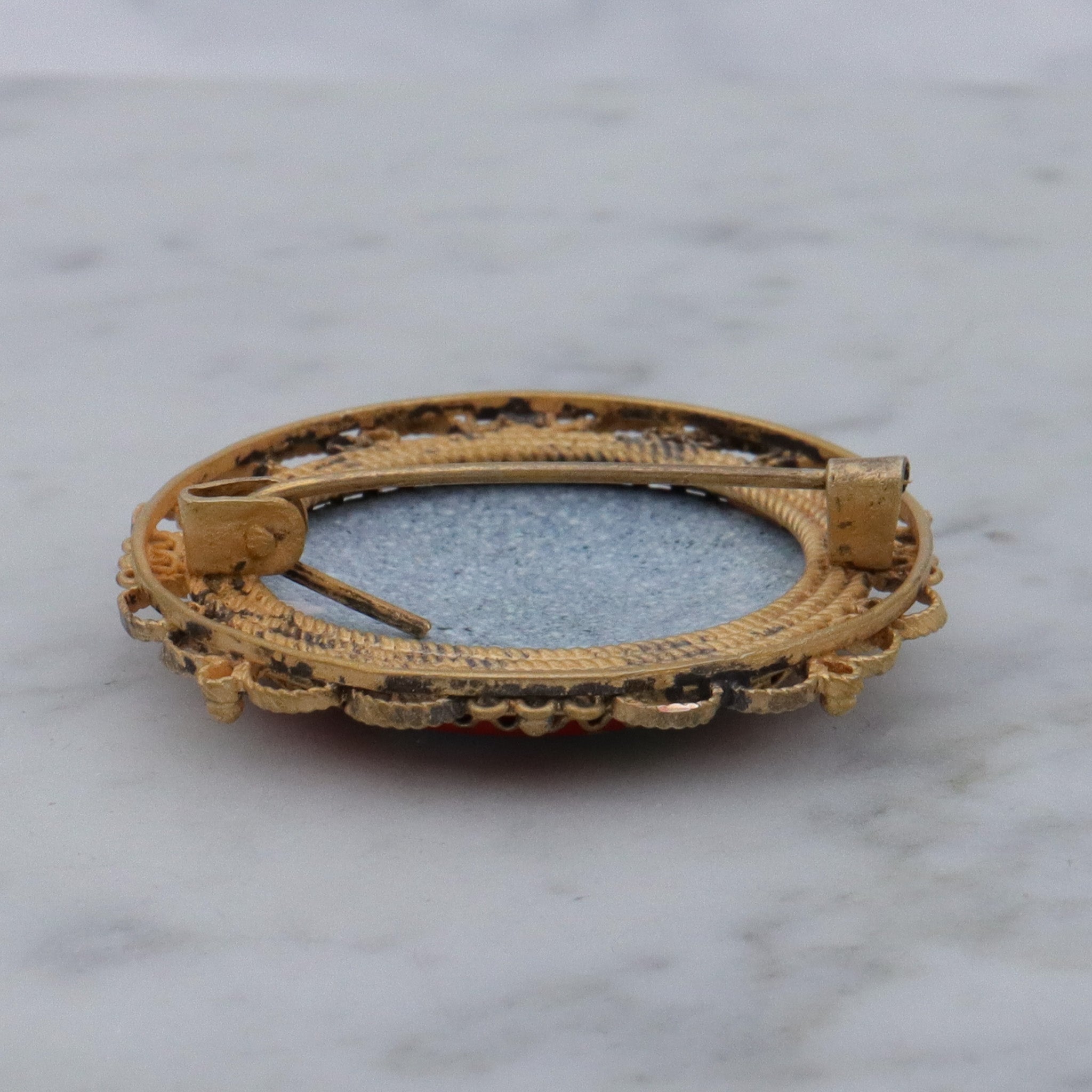 Antique hand painted flower enamel gilt metal brooch