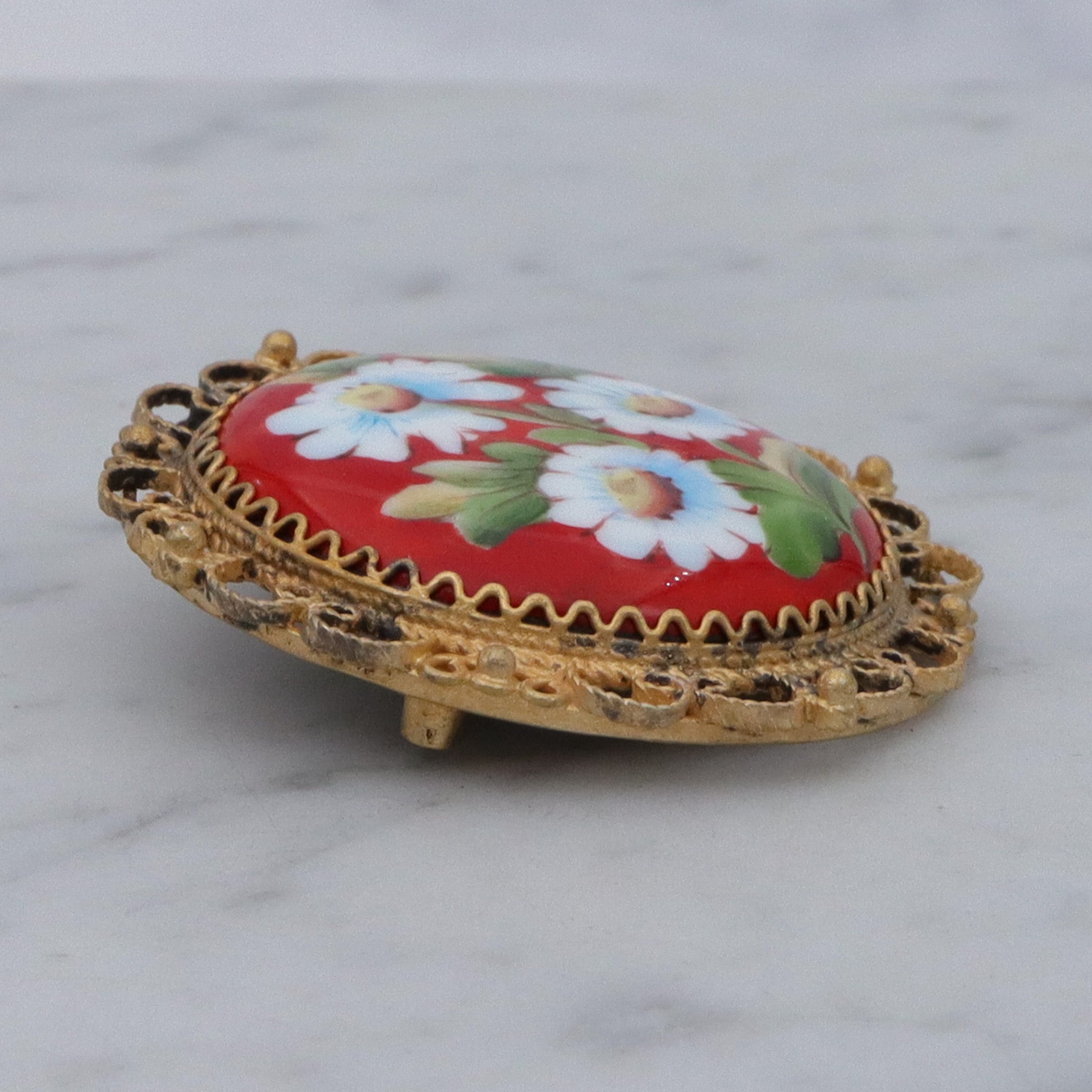 Antique hand painted flower enamel gilt metal brooch