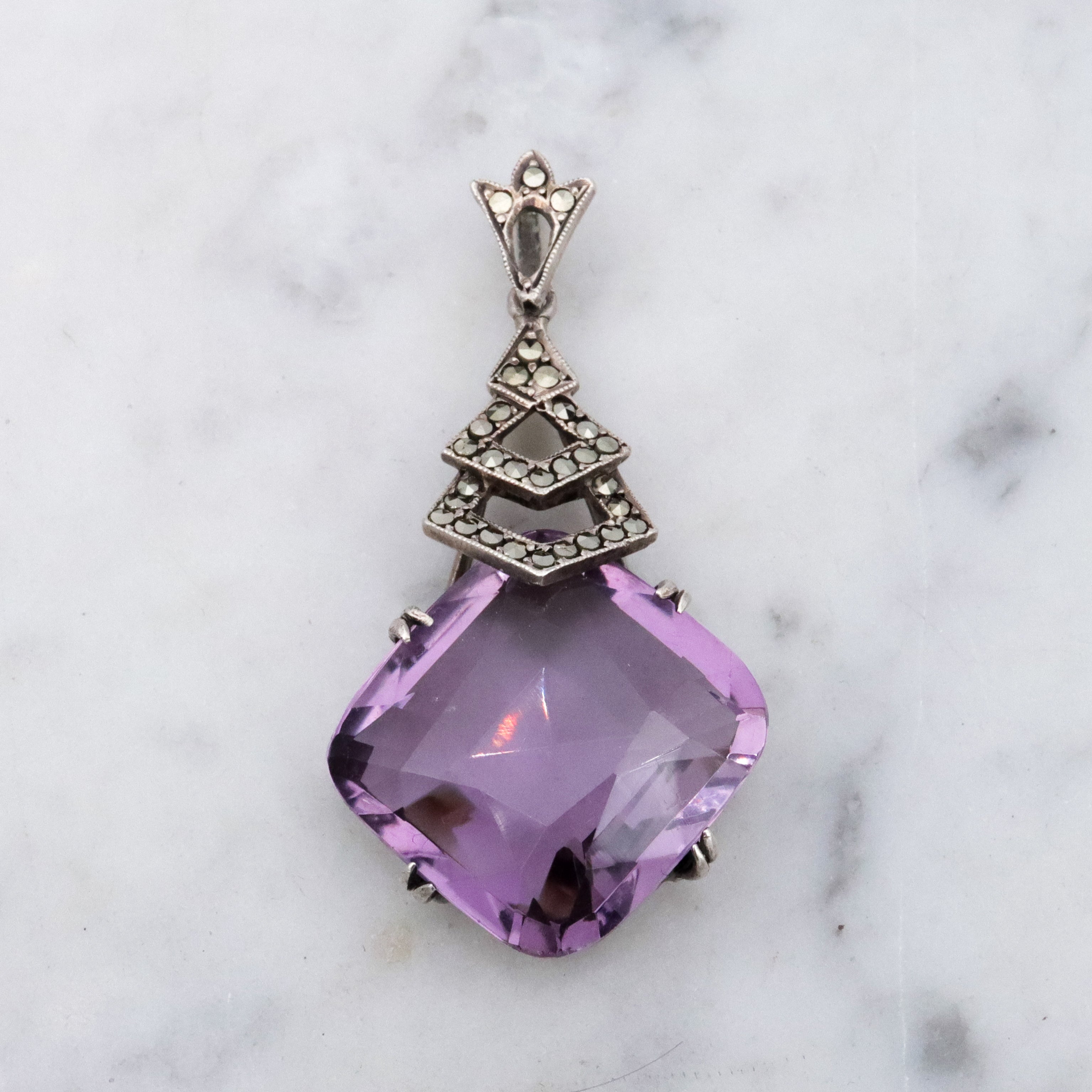 French Art Deco silver amethyst & marcasite drop pendant