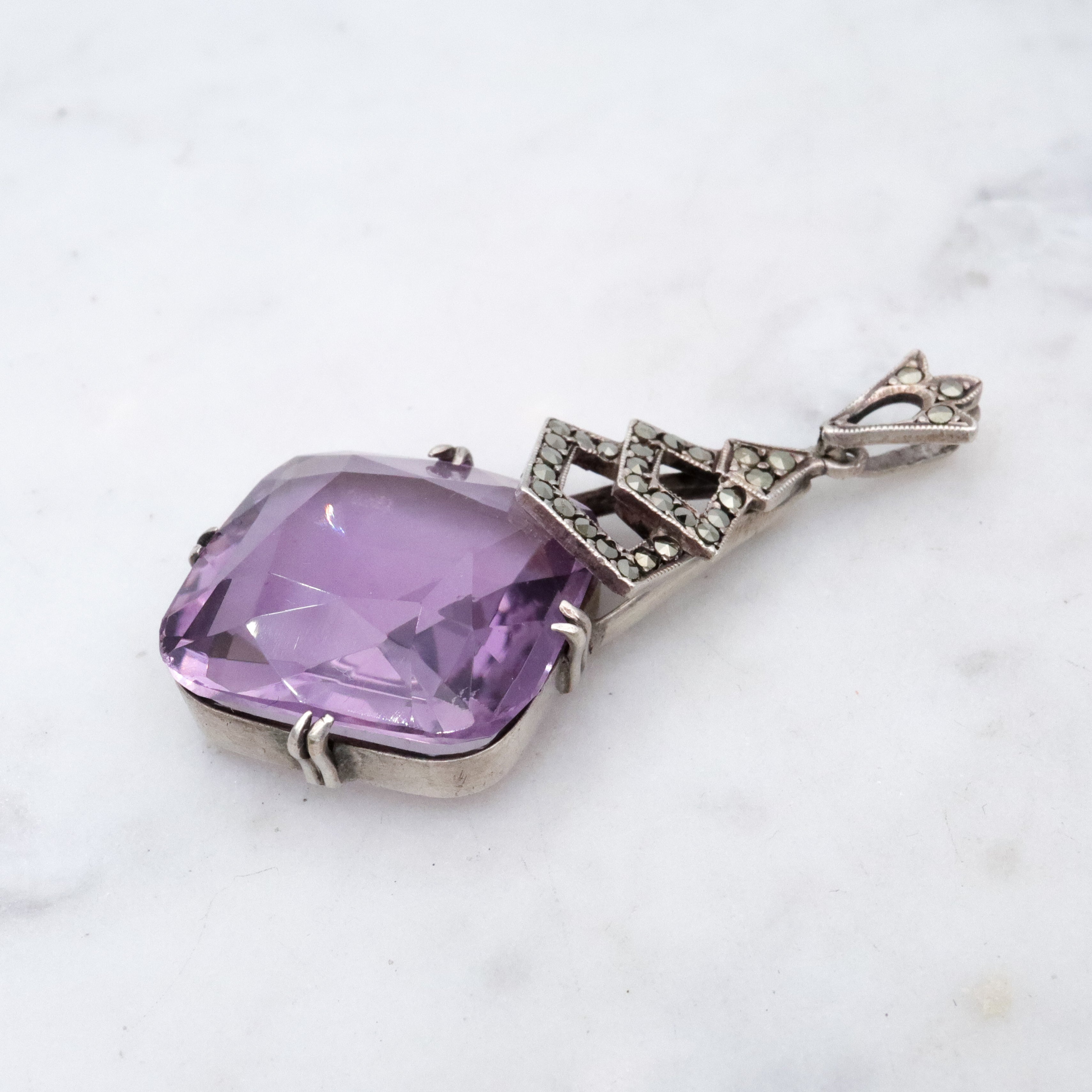 French Art Deco silver amethyst & marcasite drop pendant