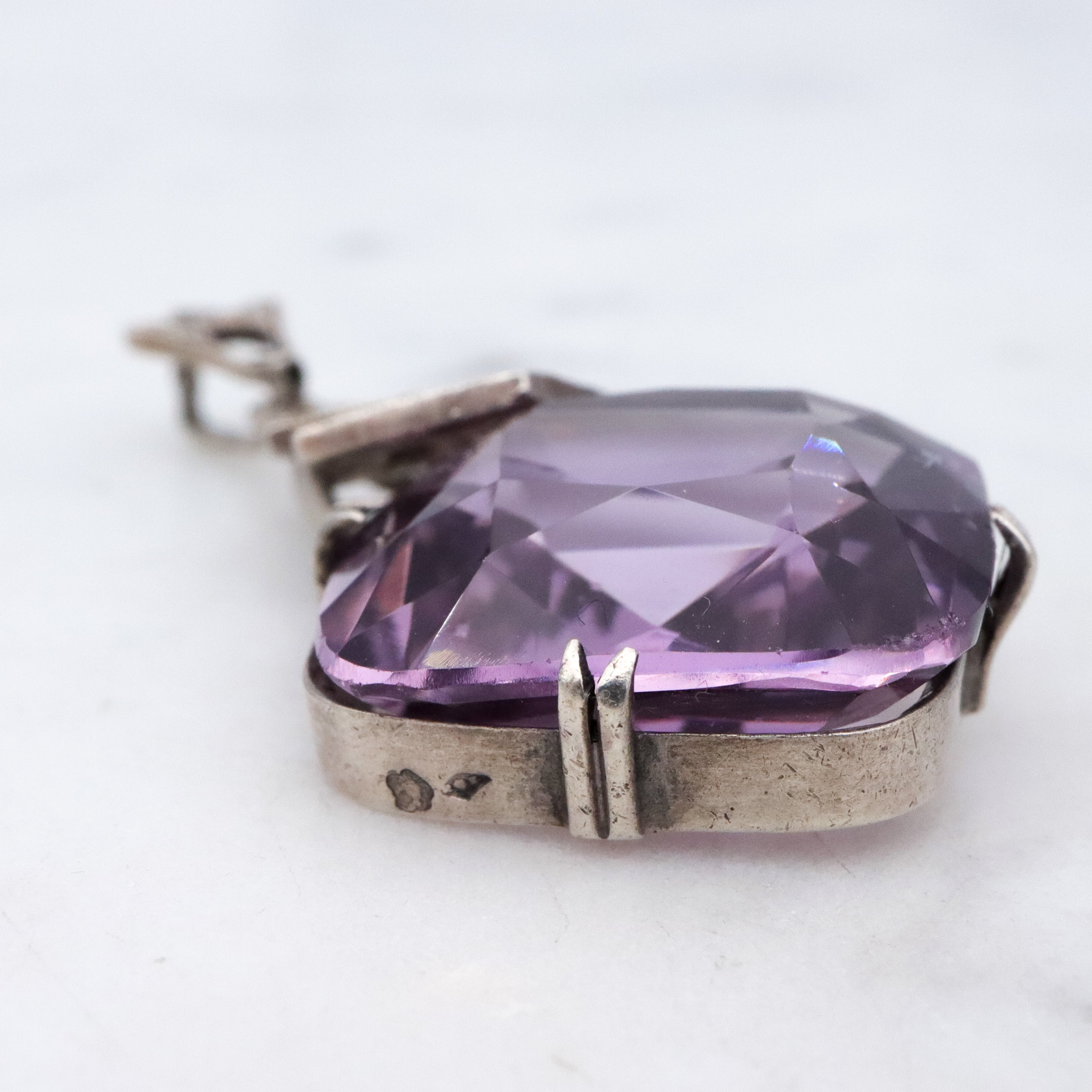 French Art Deco silver amethyst & marcasite drop pendant