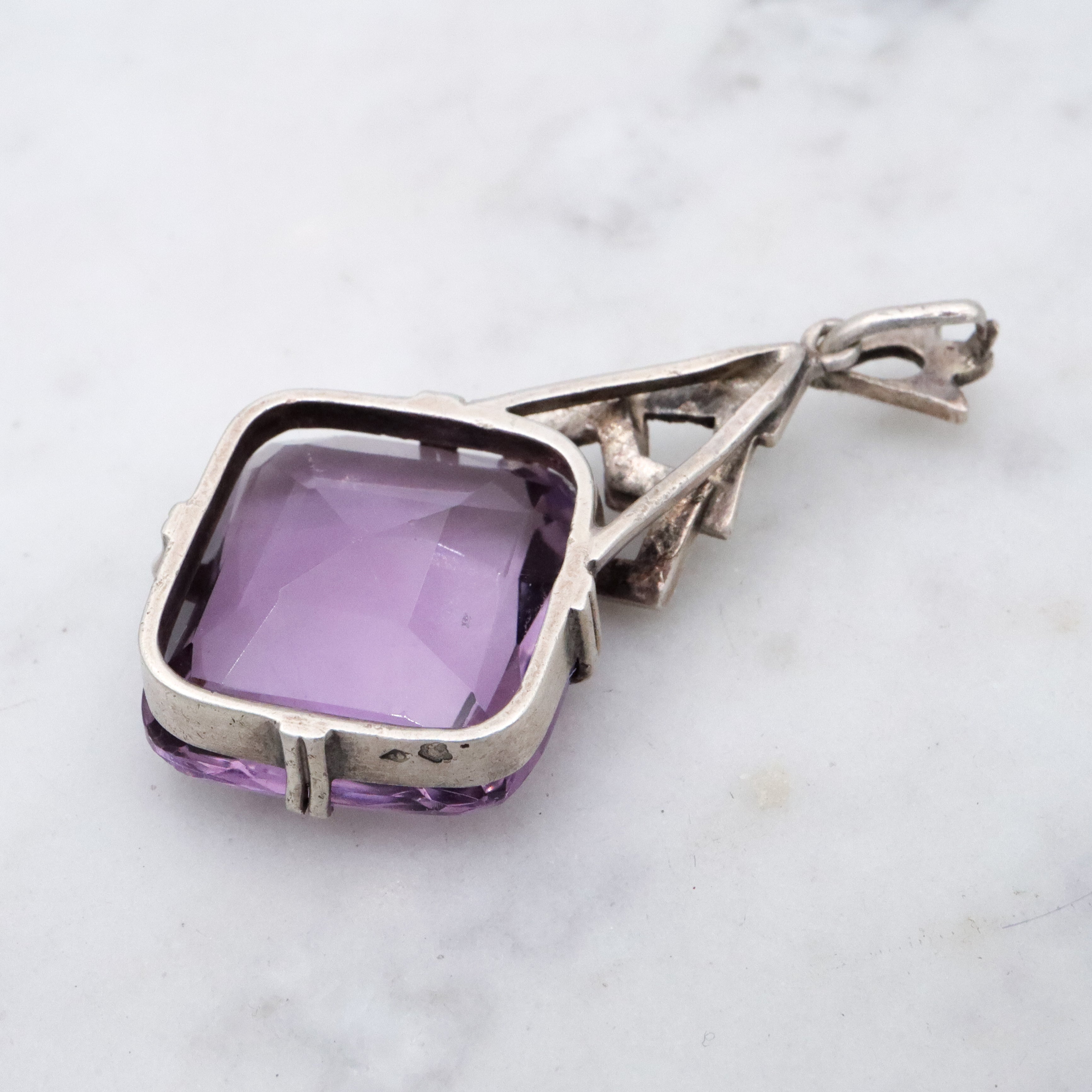 French Art Deco silver amethyst & marcasite drop pendant
