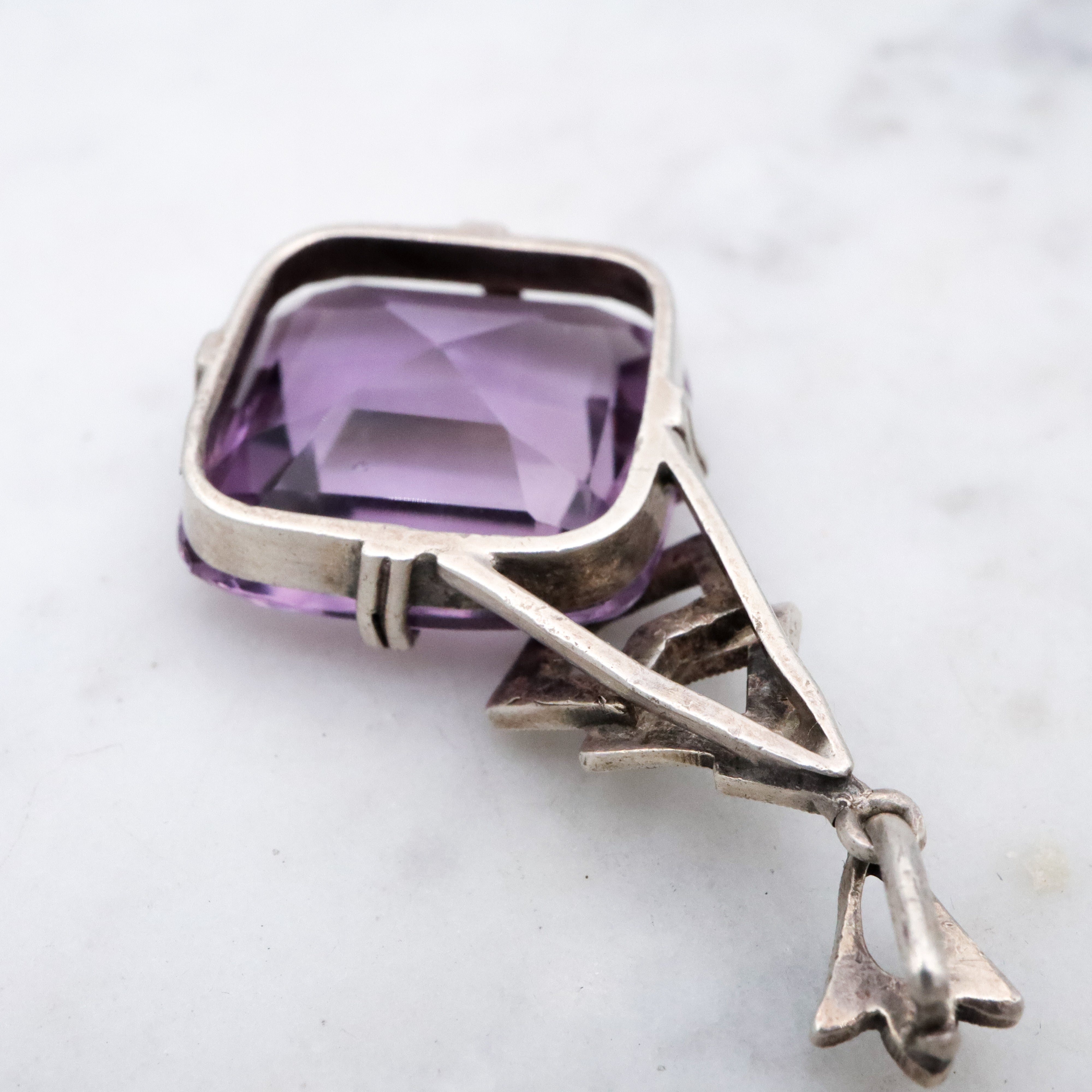 French Art Deco silver amethyst & marcasite drop pendant