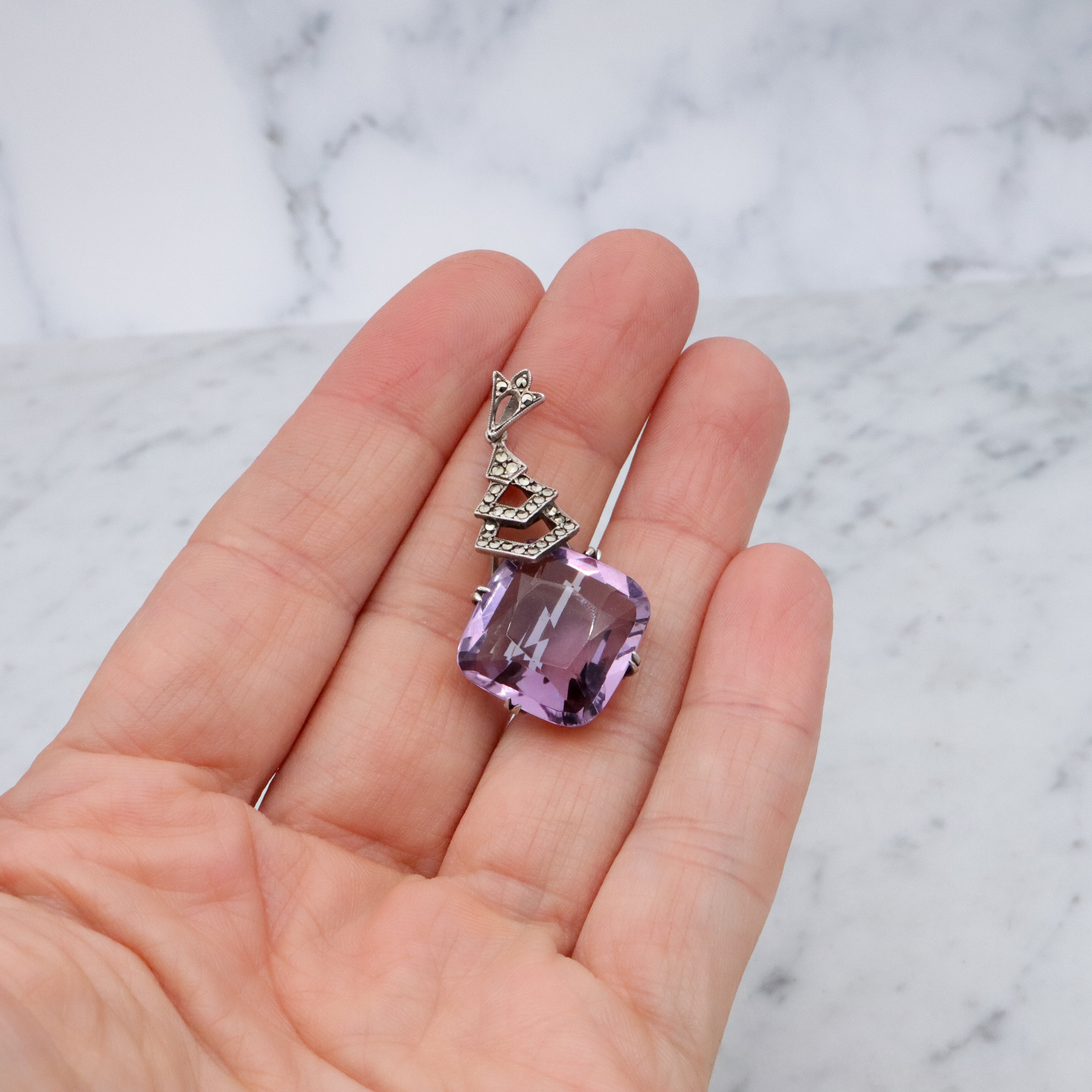French Art Deco silver amethyst & marcasite drop pendant
