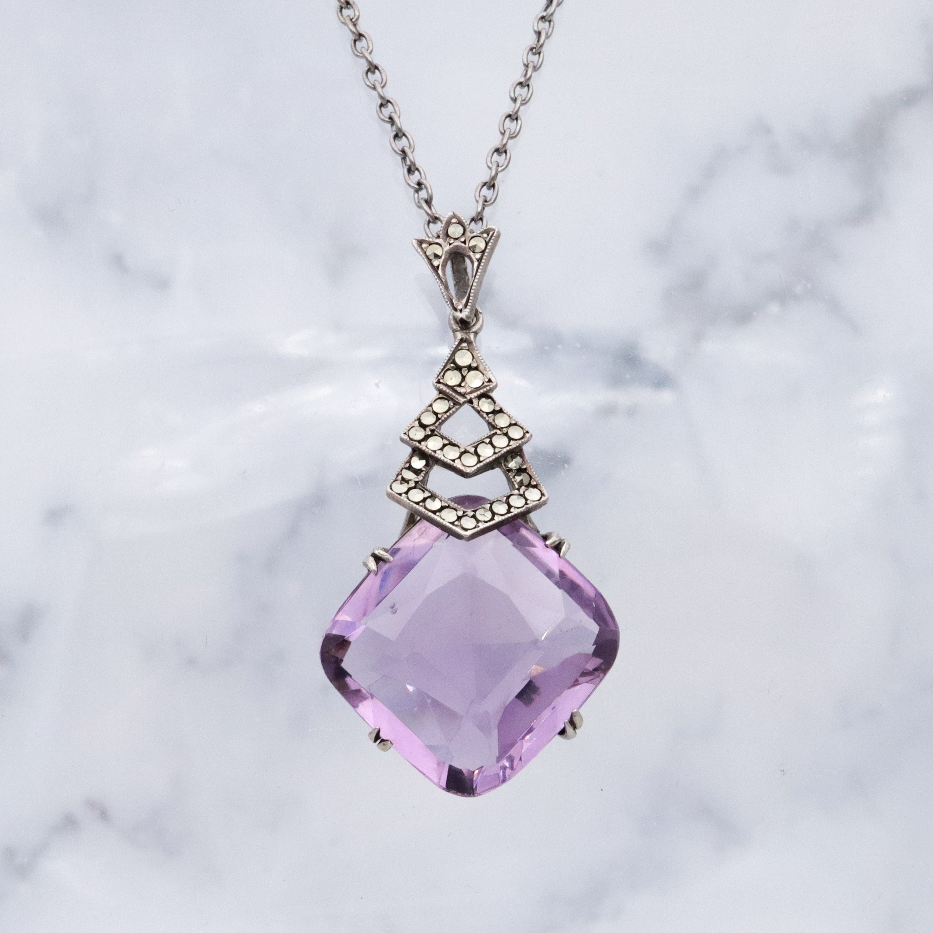 French Art Deco silver amethyst & marcasite drop pendant