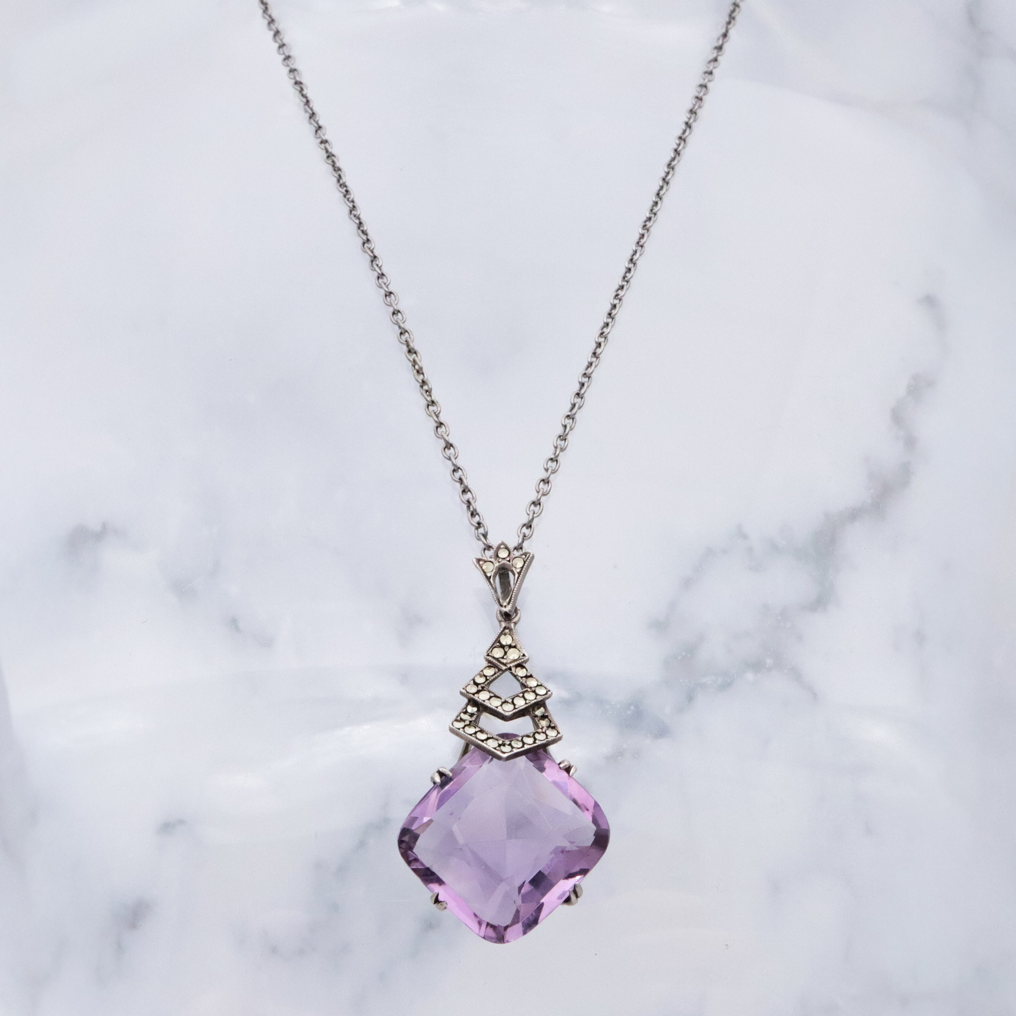 French Art Deco silver amethyst & marcasite drop pendant