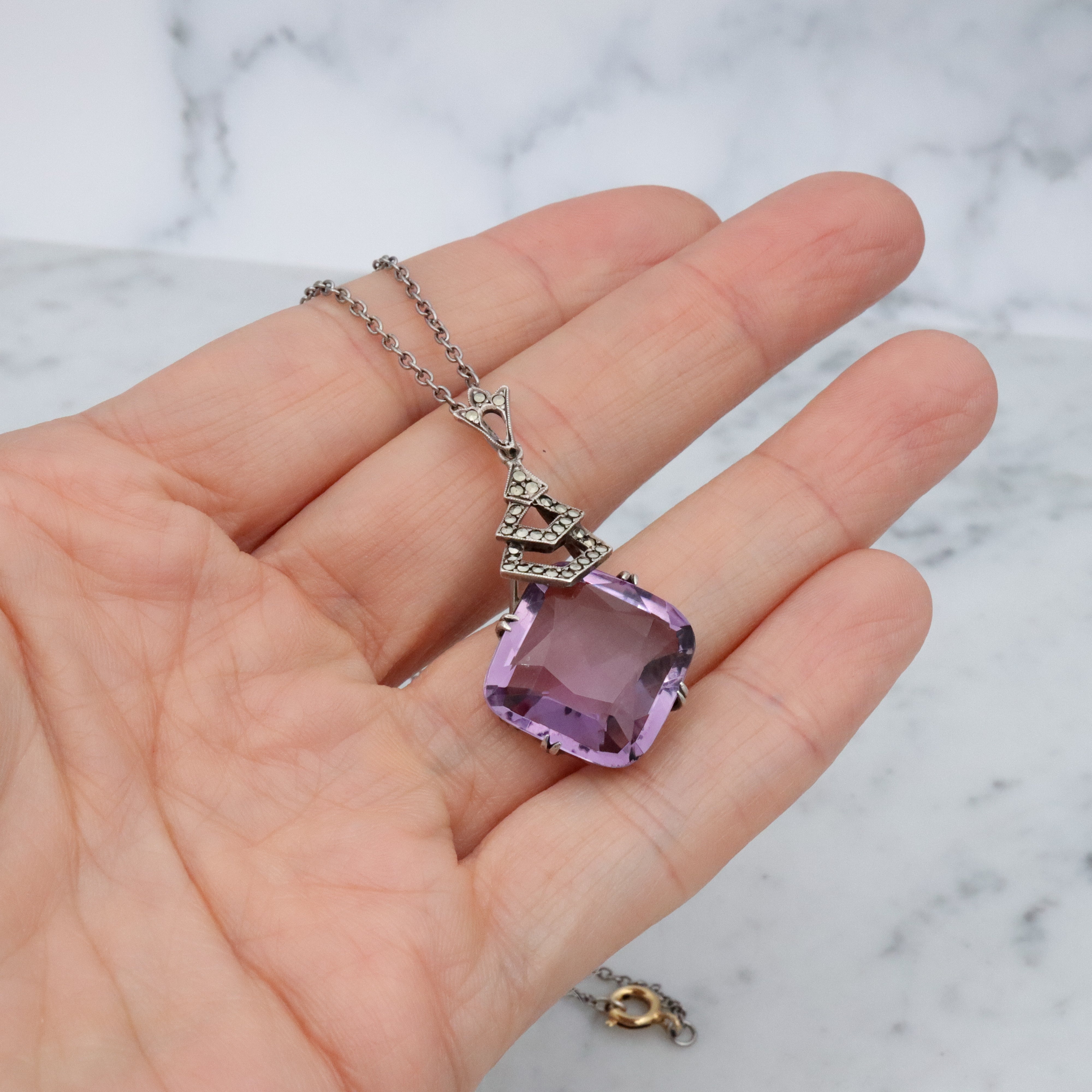 French Art Deco silver amethyst & marcasite drop pendant