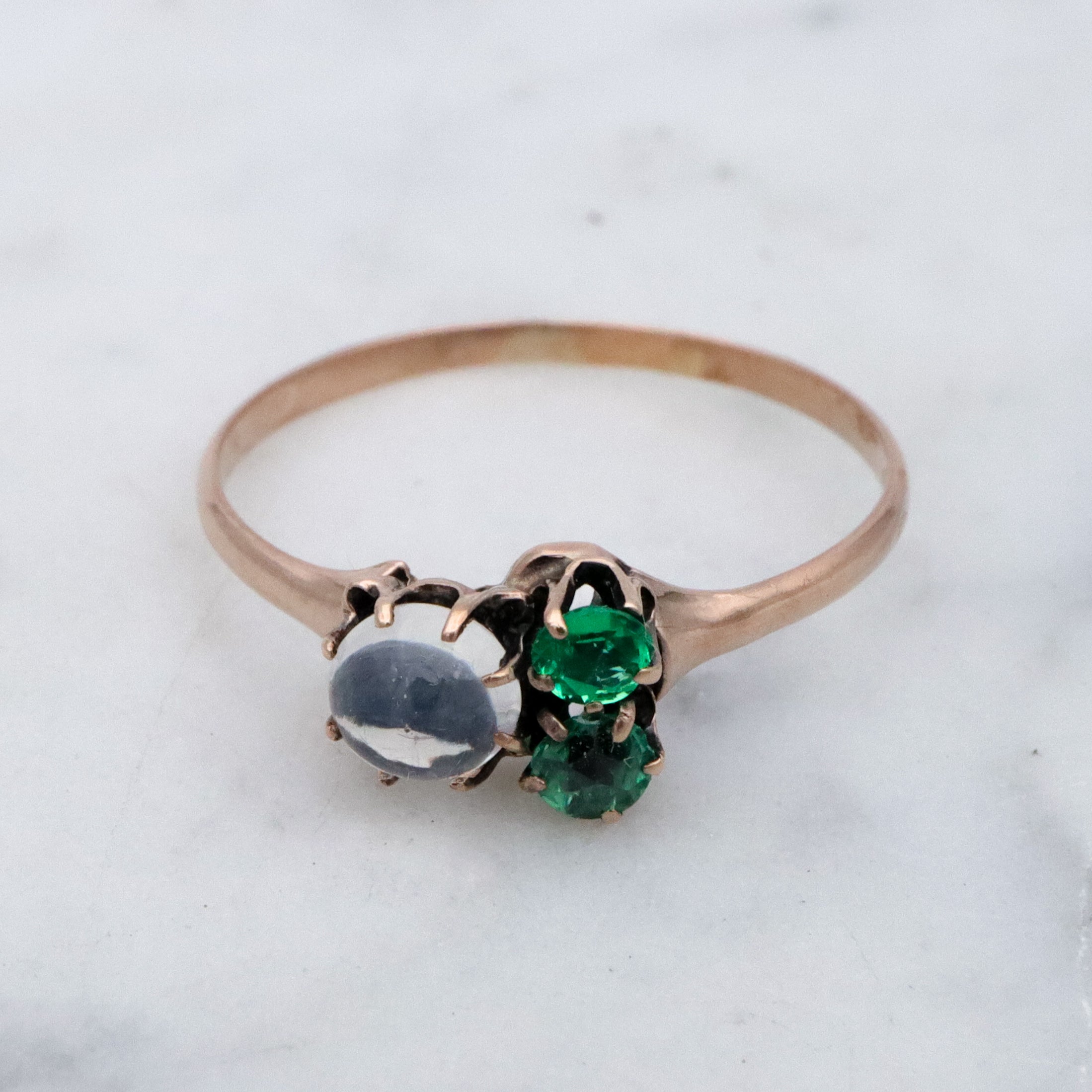 Victorian 10k gold moonstone & emerald paste asymmetrical ring, size 6