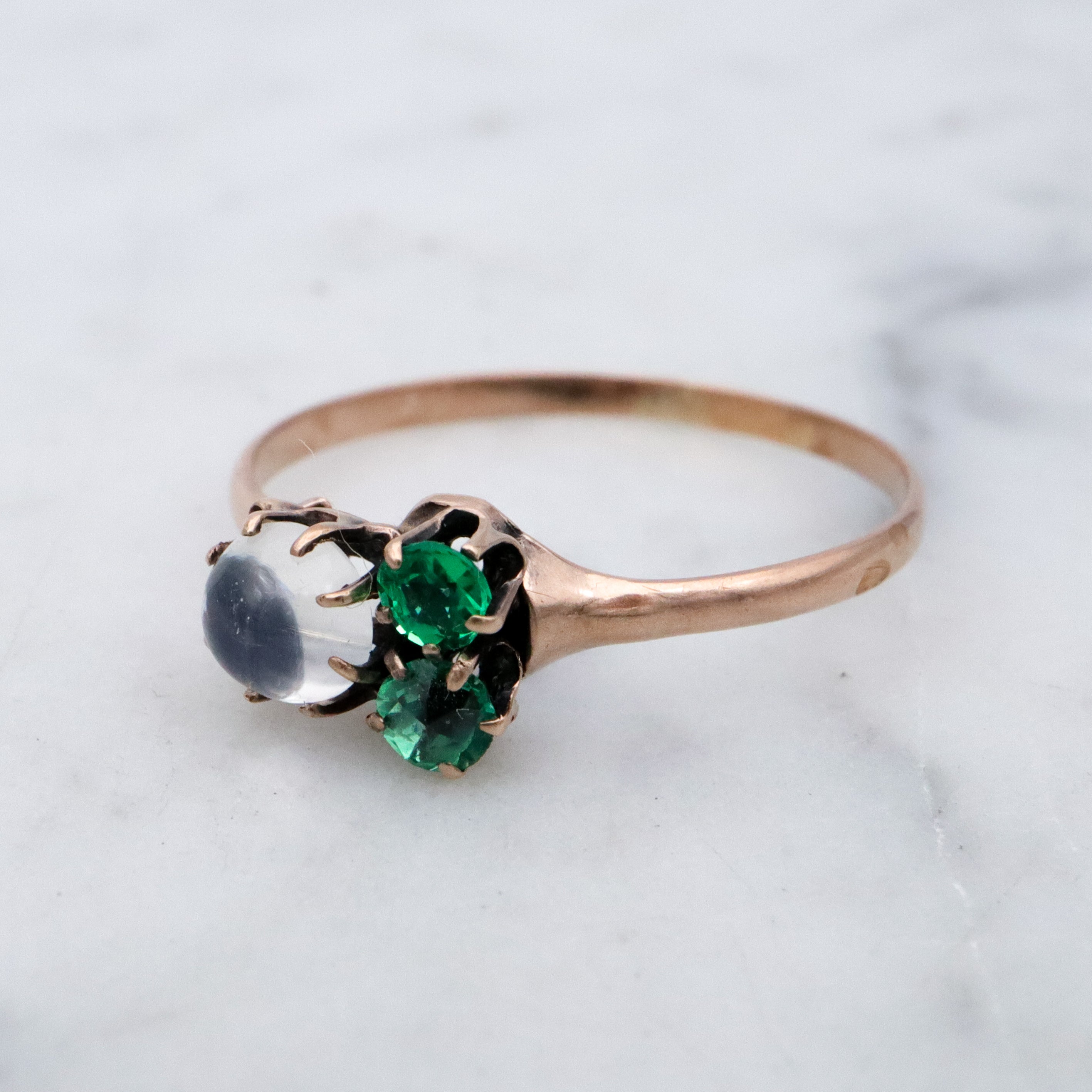 Victorian 10k gold moonstone & emerald paste asymmetrical ring, size 6