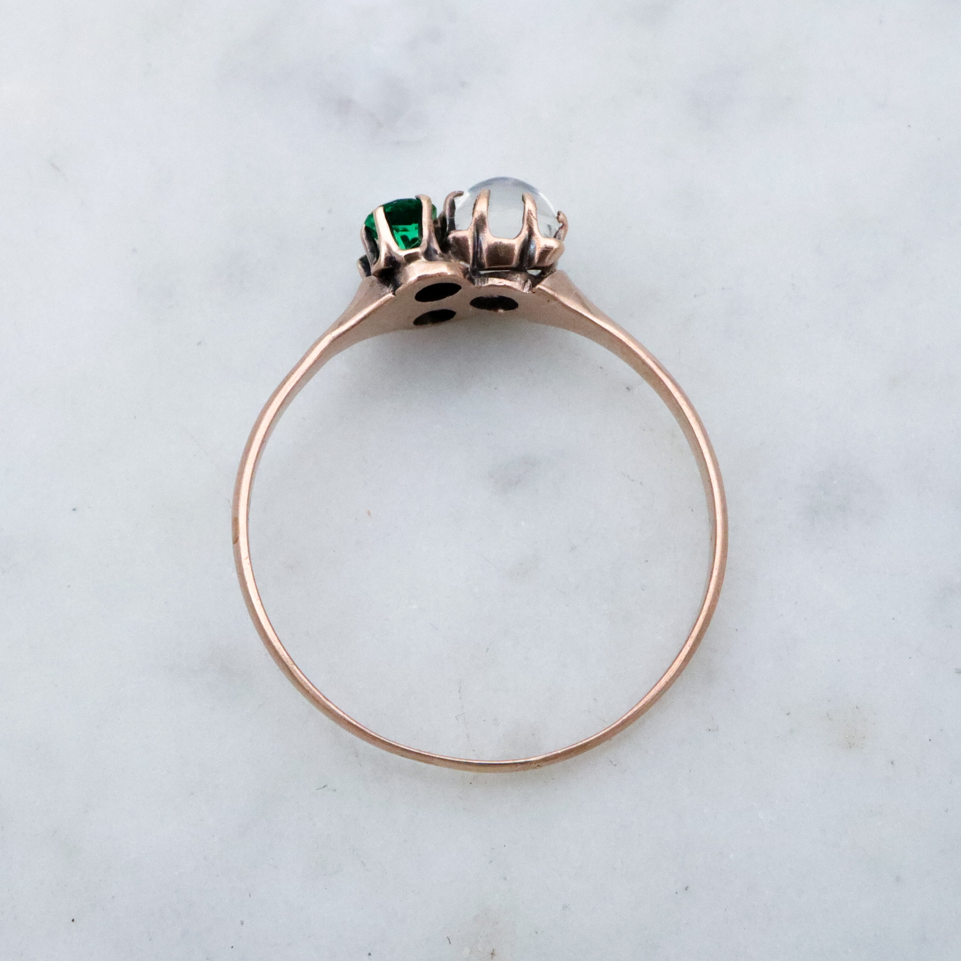 Victorian 10k gold moonstone & emerald paste asymmetrical ring, size 6