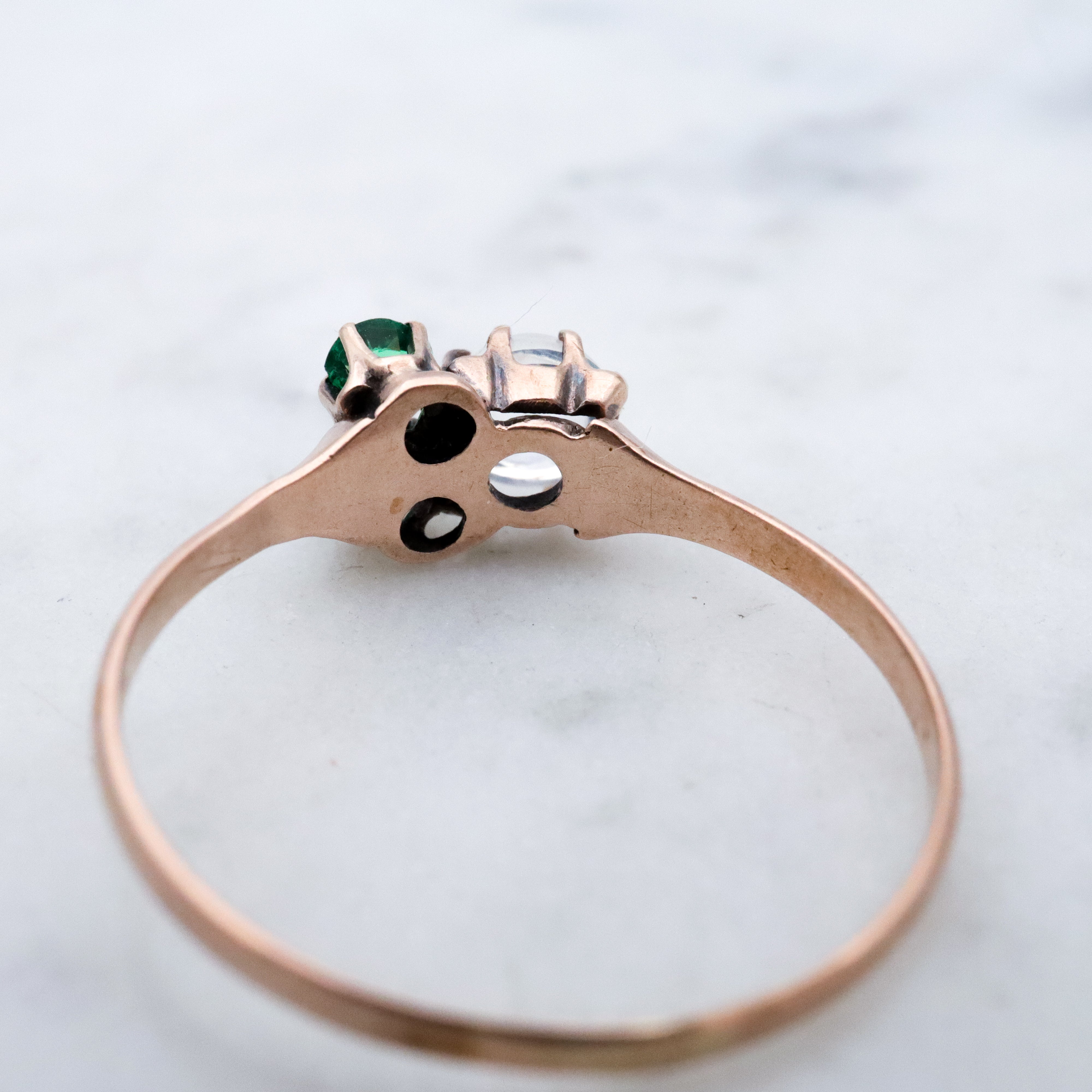 Victorian 10k gold moonstone & emerald paste asymmetrical ring, size 6