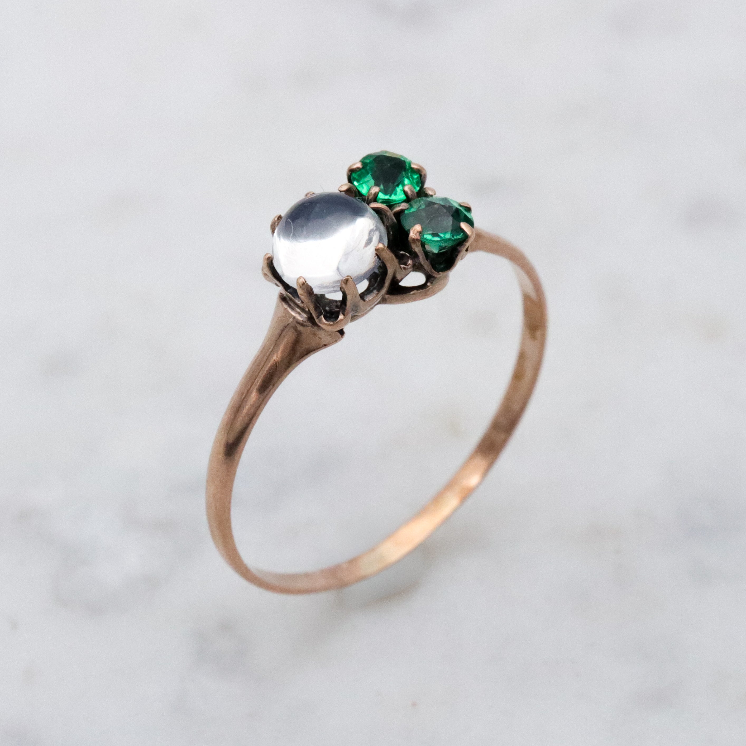 Victorian 10k gold moonstone & emerald paste asymmetrical ring, size 6