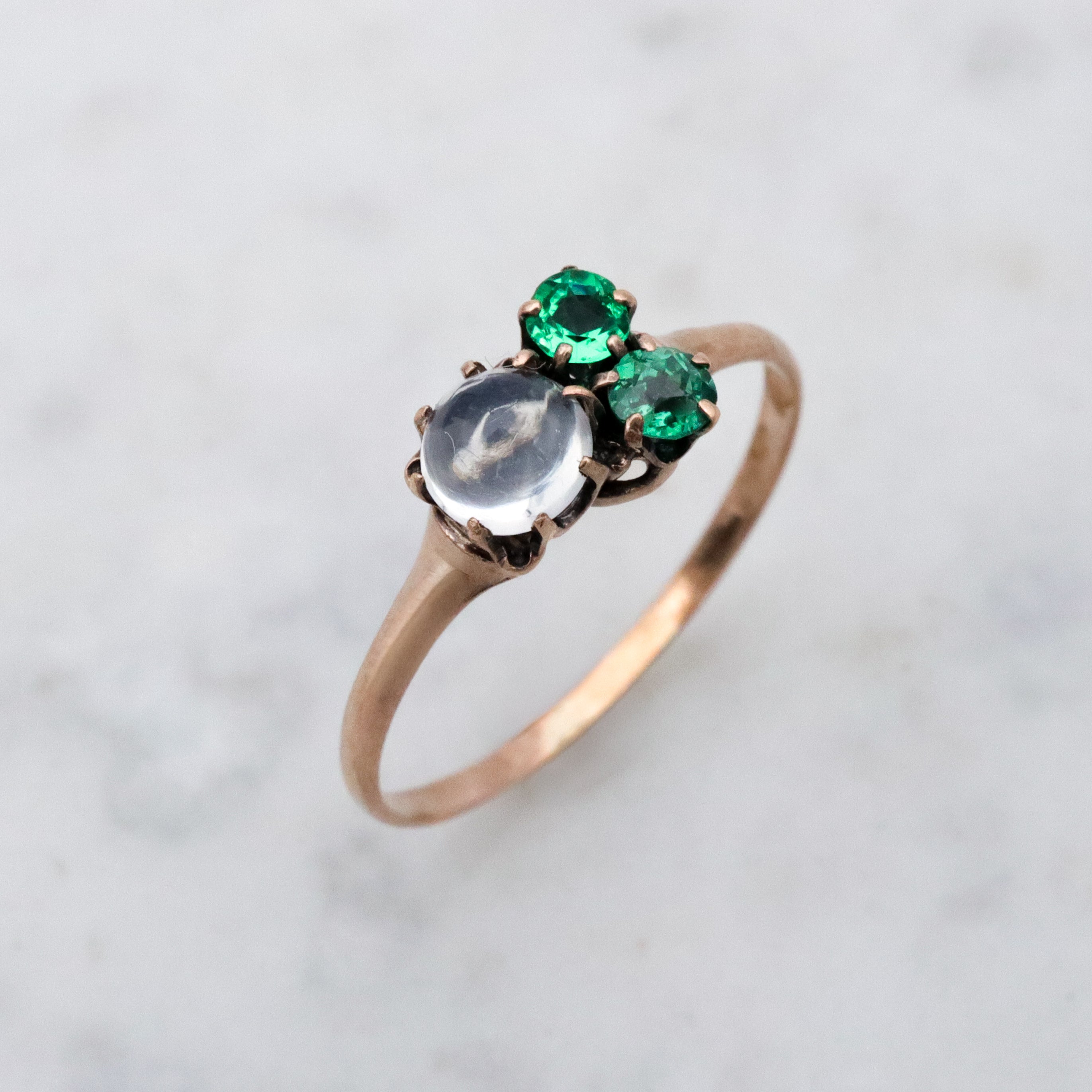 Victorian 10k gold moonstone & emerald paste asymmetrical ring, size 6