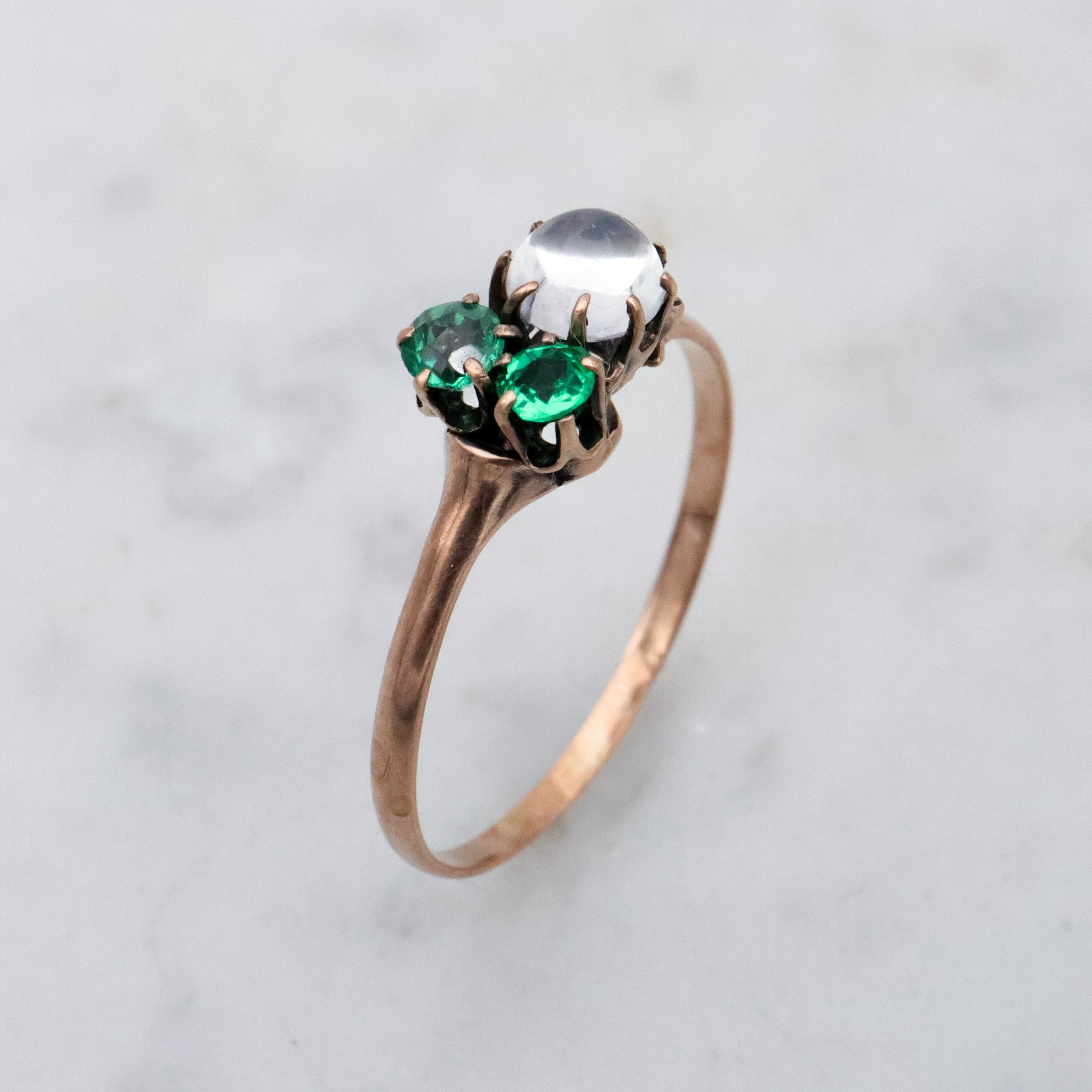 Victorian 10k gold moonstone & emerald paste asymmetrical ring, size 6