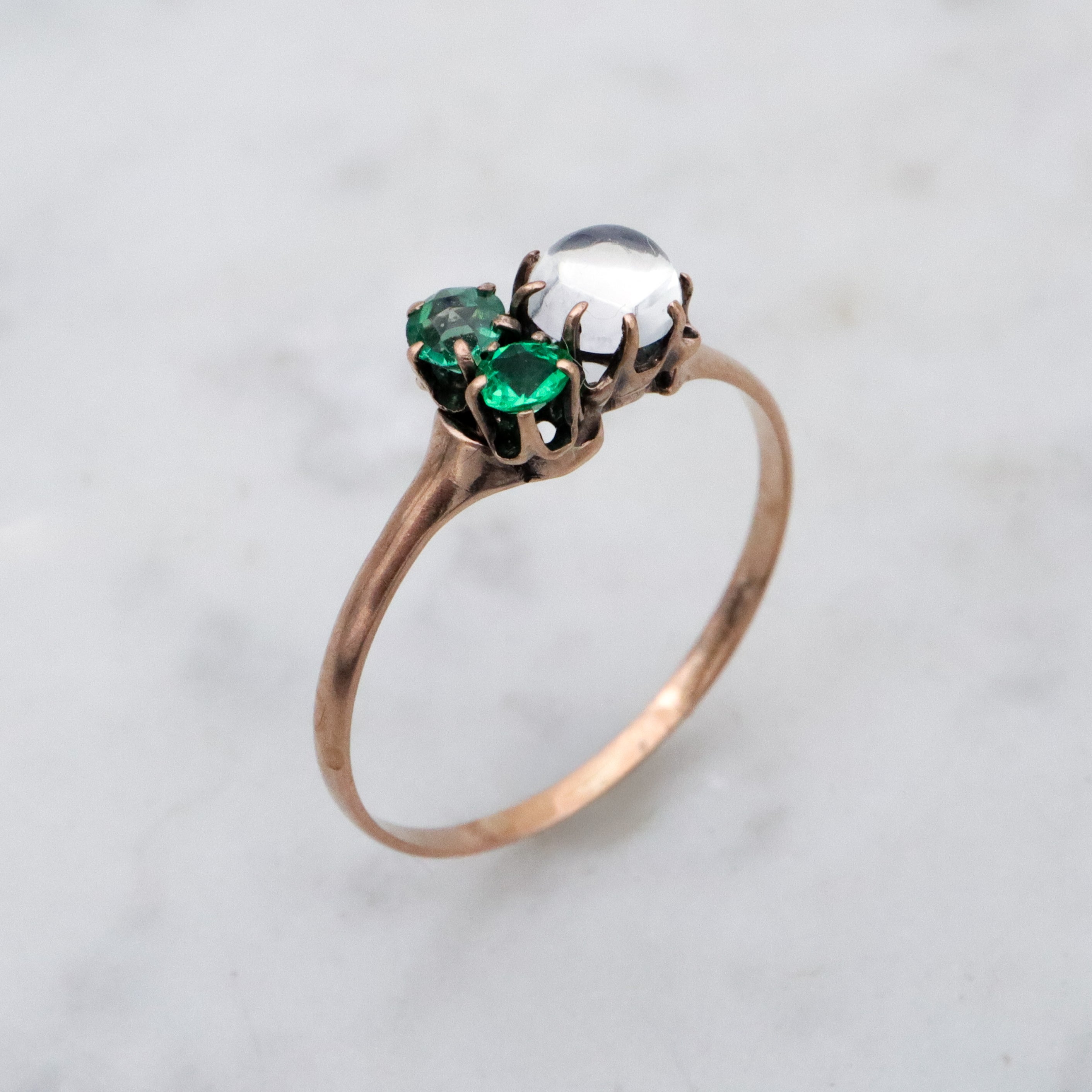 Victorian 10k gold moonstone & emerald paste asymmetrical ring, size 6