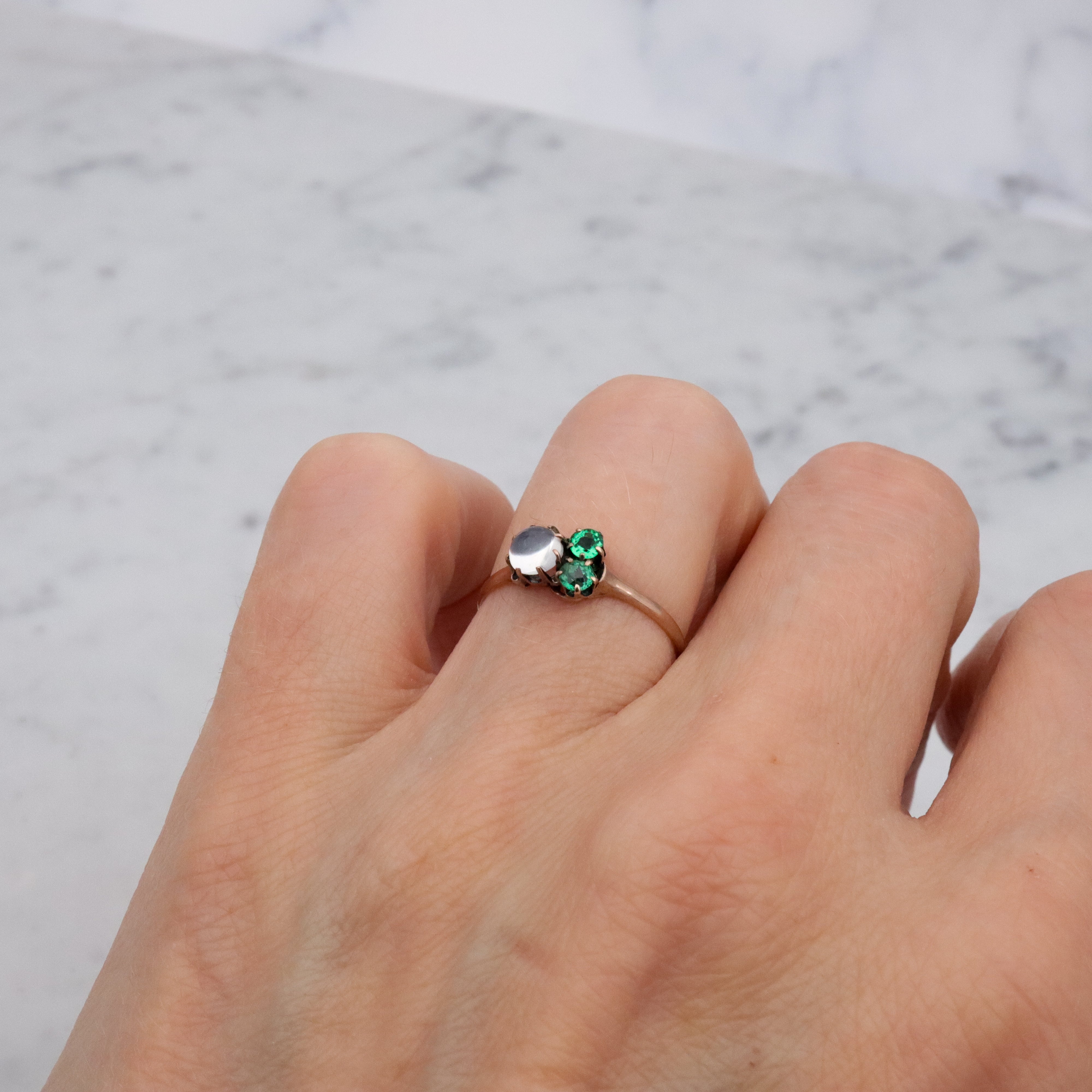 Victorian 10k gold moonstone & emerald paste asymmetrical ring, size 6
