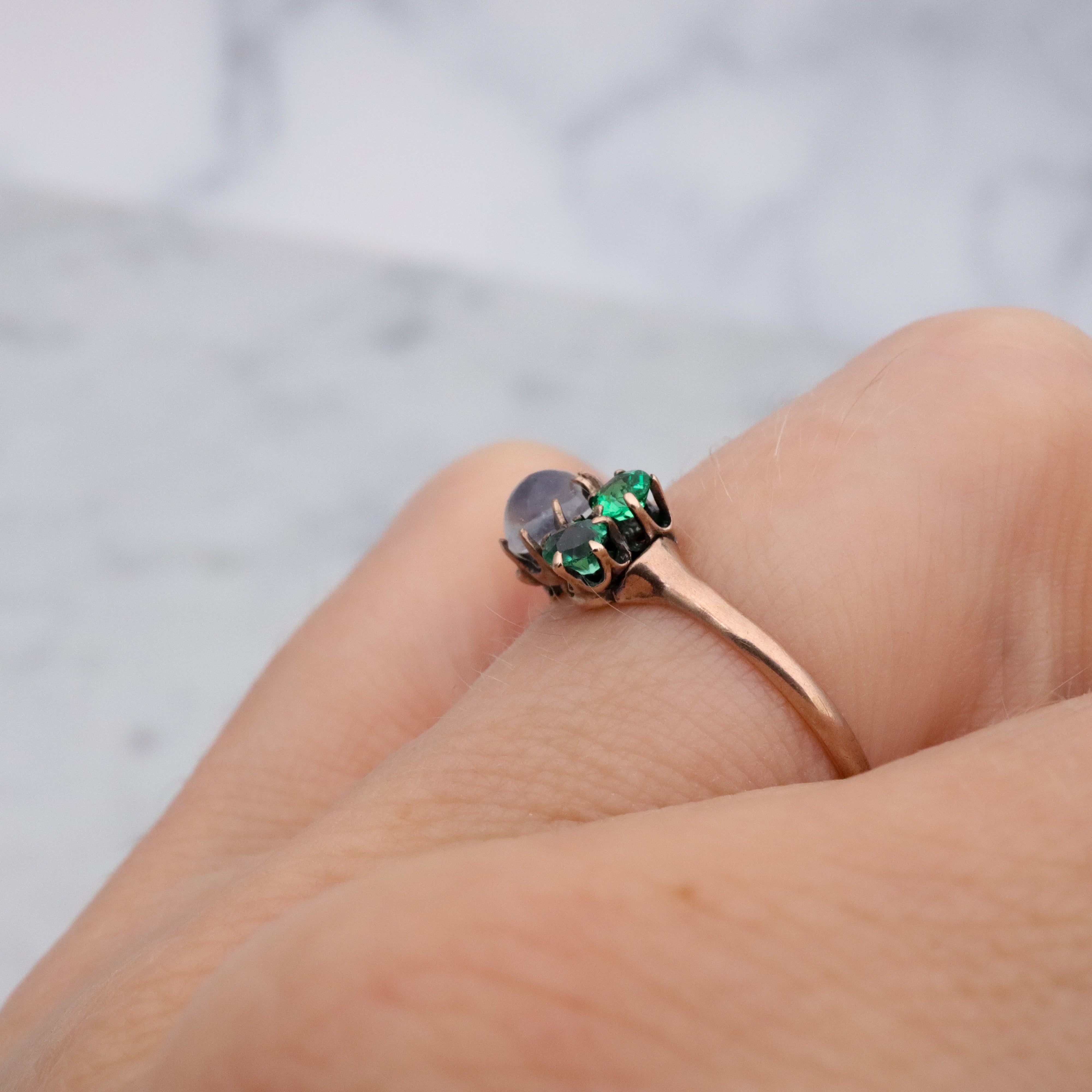 Victorian 10k gold moonstone & emerald paste asymmetrical ring, size 6