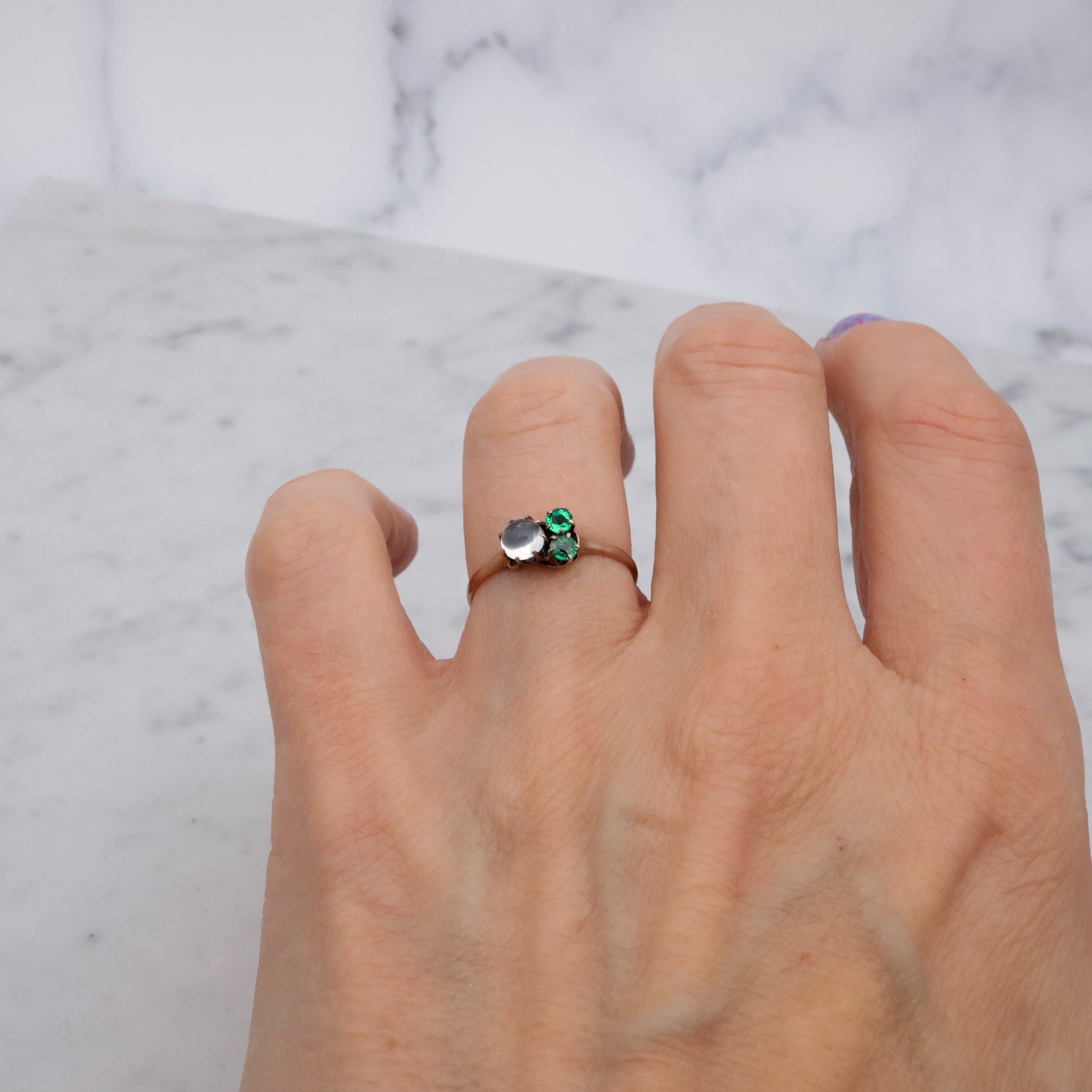 Victorian 10k gold moonstone & emerald paste asymmetrical ring, size 6
