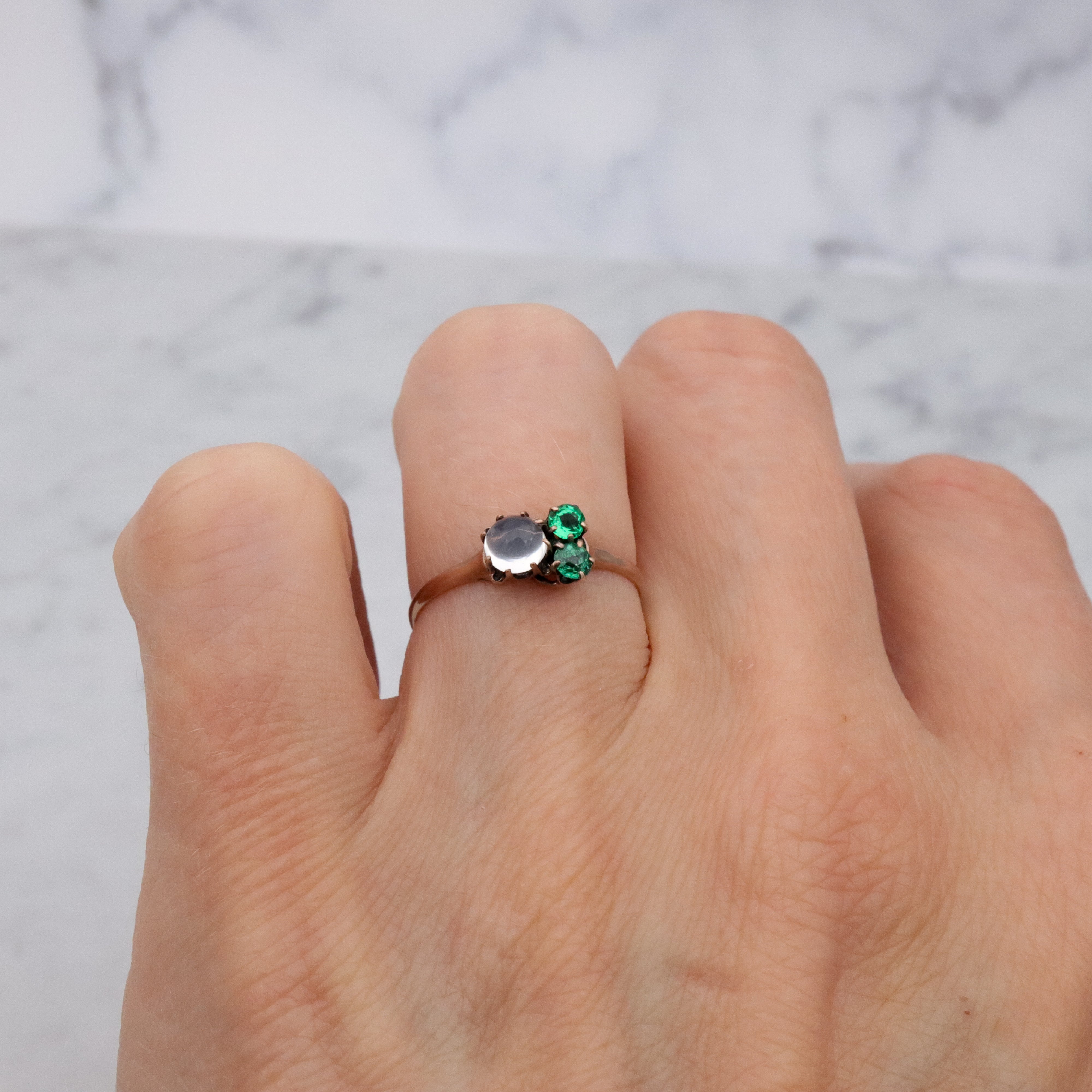 Victorian 10k gold moonstone & emerald paste asymmetrical ring, size 6