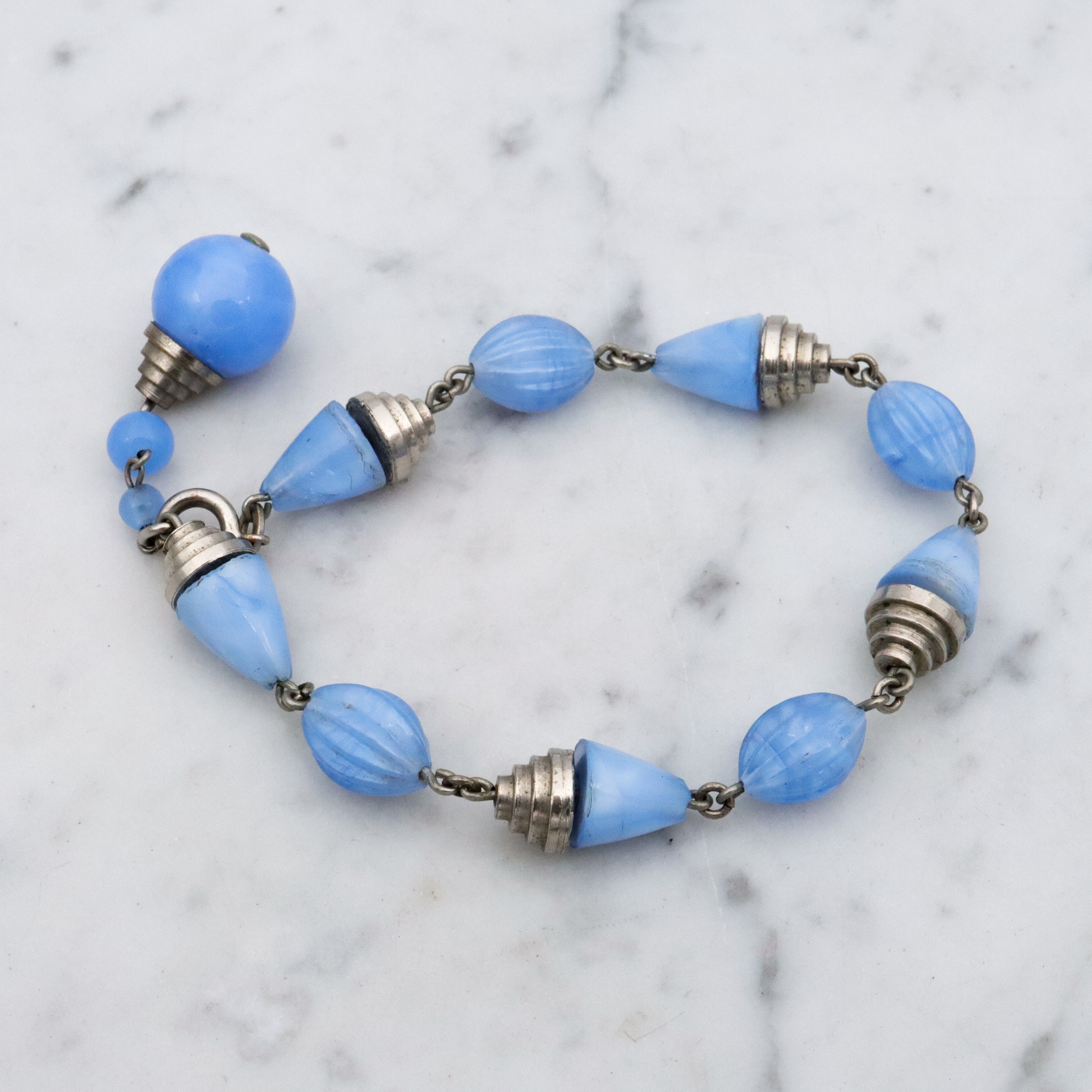 Art Deco blue art glass & chrome tiered beaded bracelet with drop
