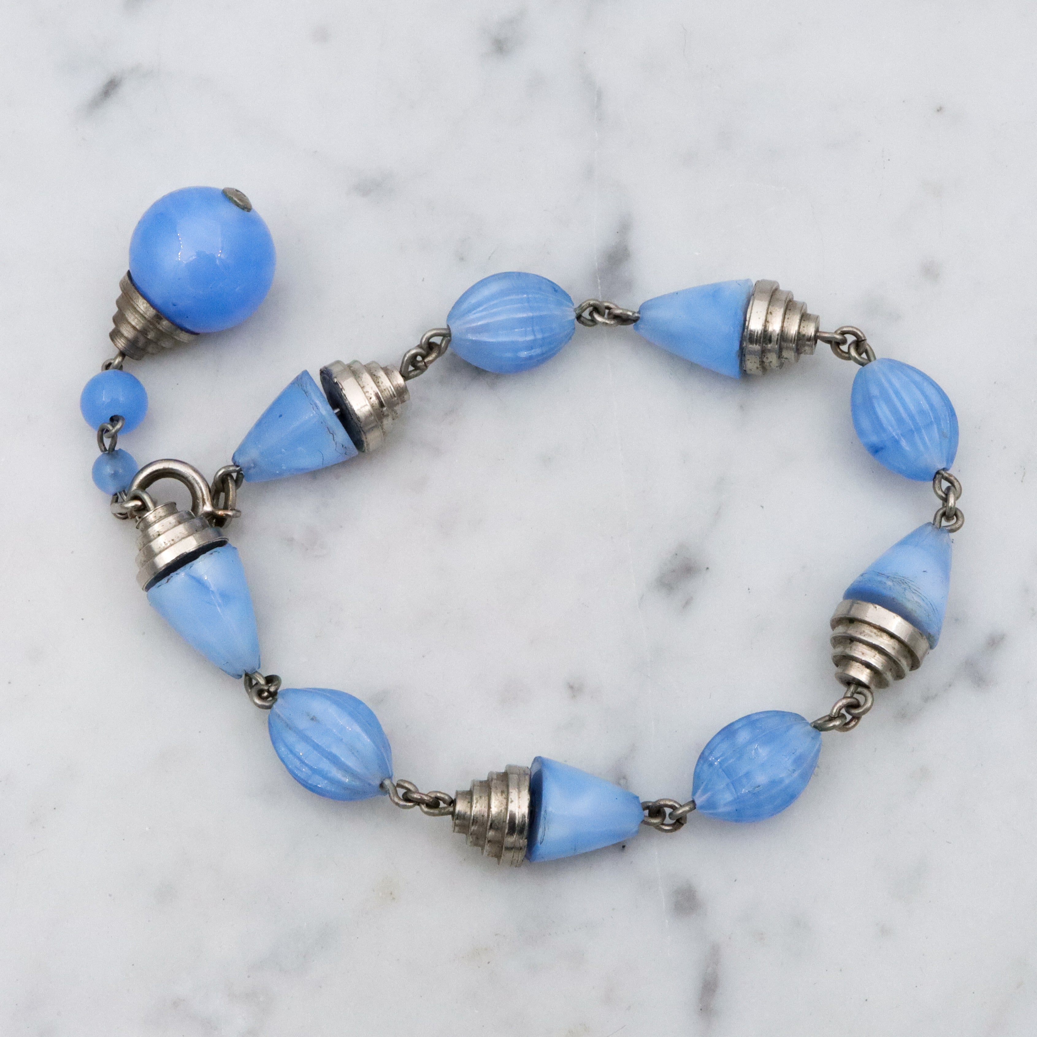 Art Deco blue art glass & chrome tiered beaded bracelet with drop