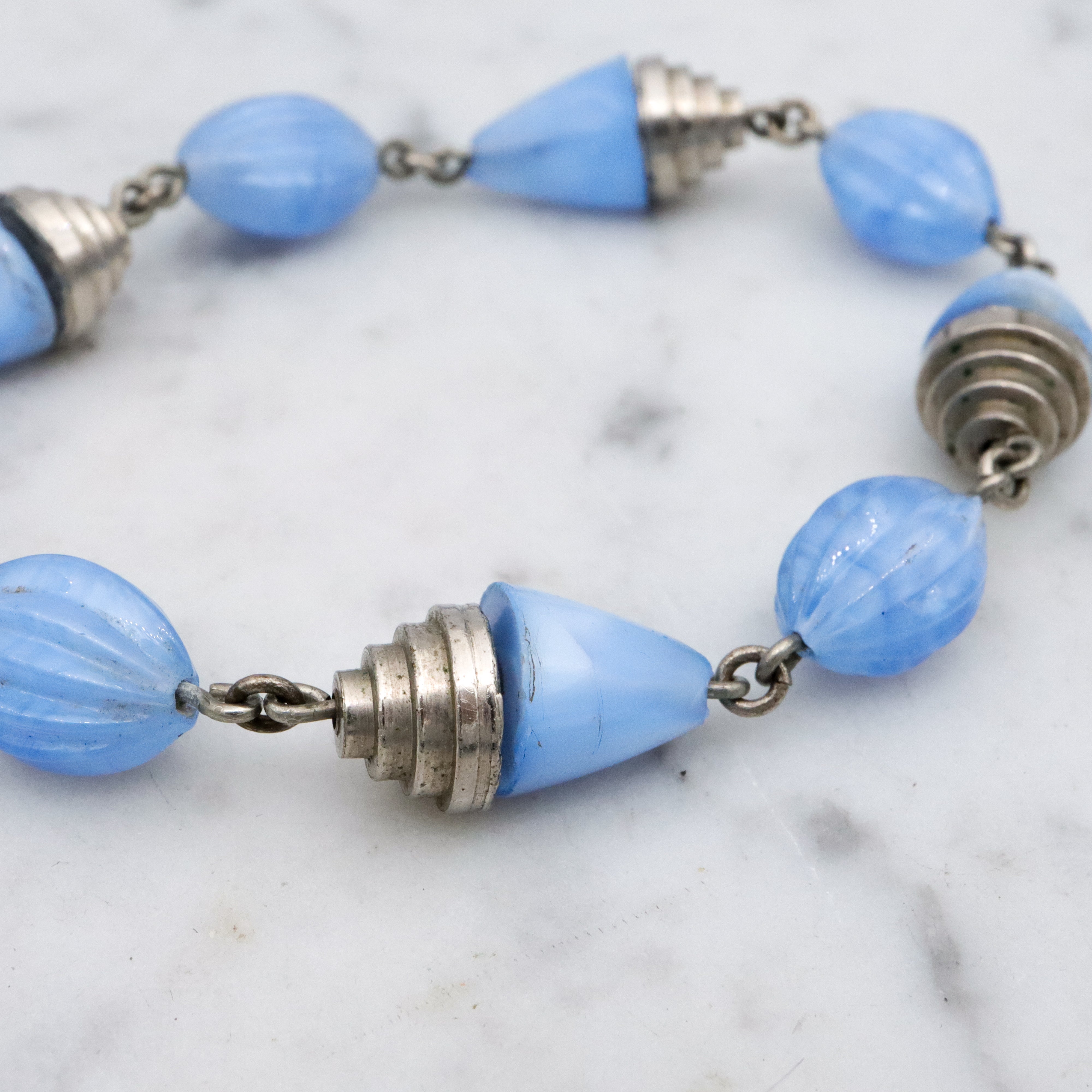 Art Deco blue art glass & chrome tiered beaded bracelet with drop