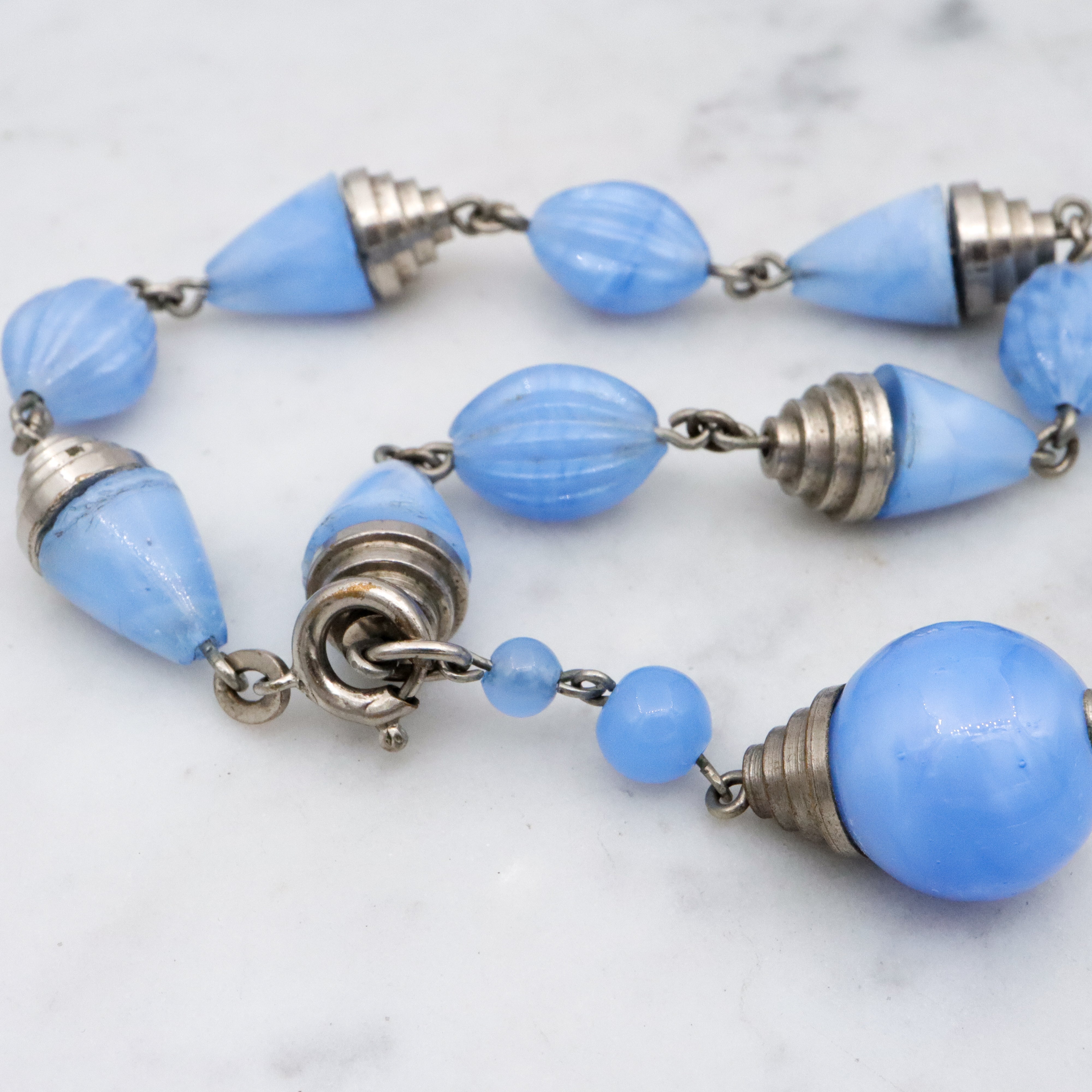 Art Deco blue art glass & chrome tiered beaded bracelet with drop