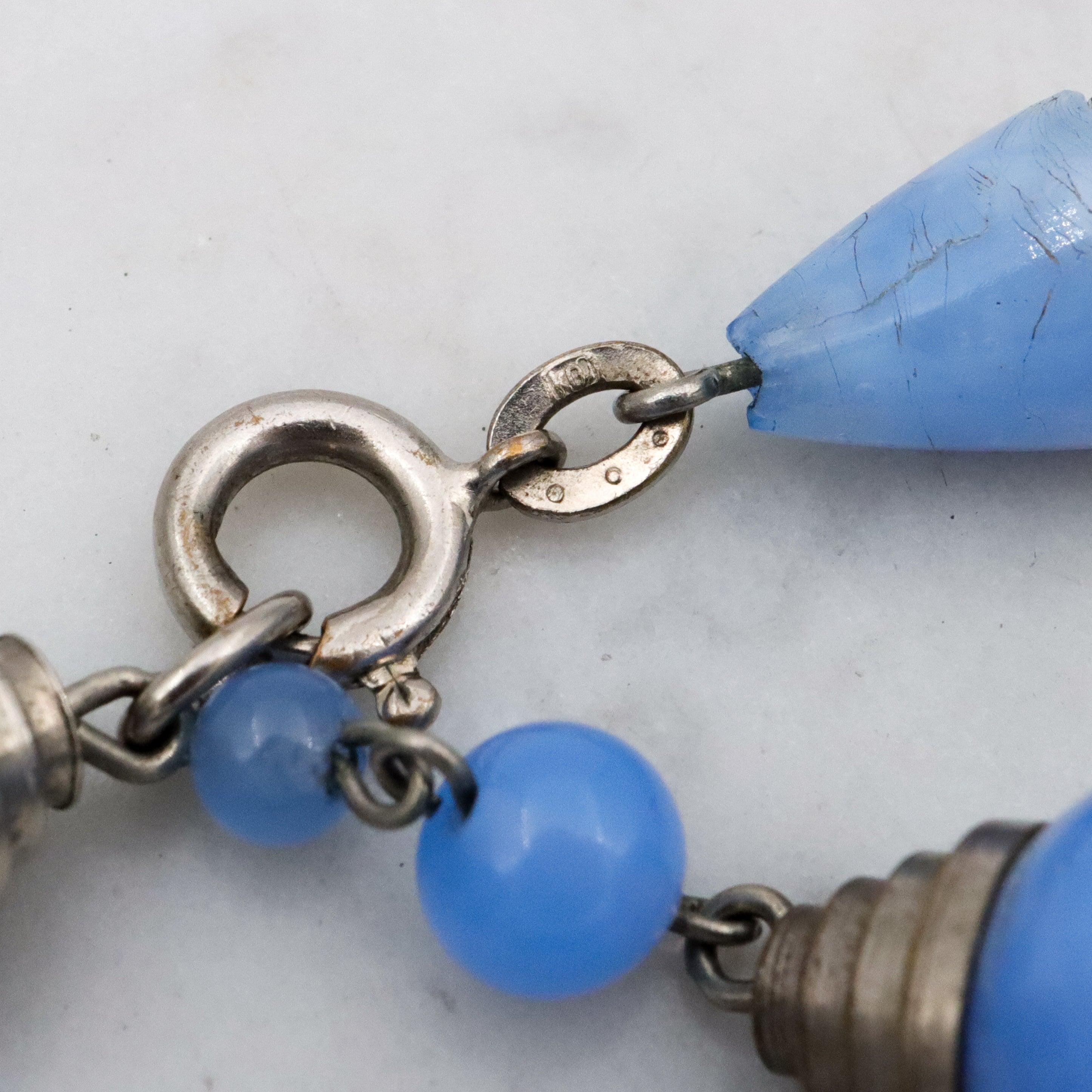 Art Deco blue art glass & chrome tiered beaded bracelet with drop