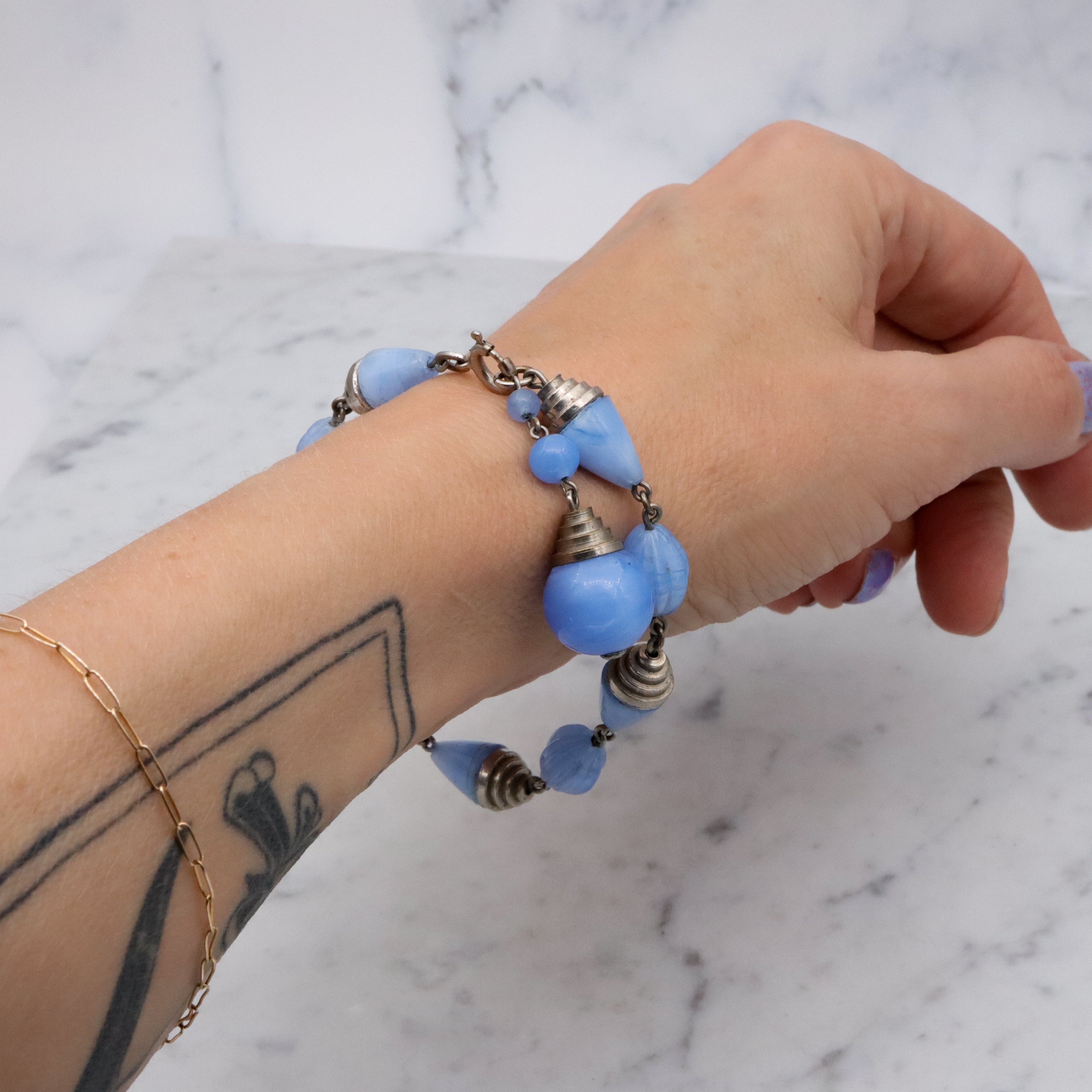 Art Deco blue art glass & chrome tiered beaded bracelet with drop