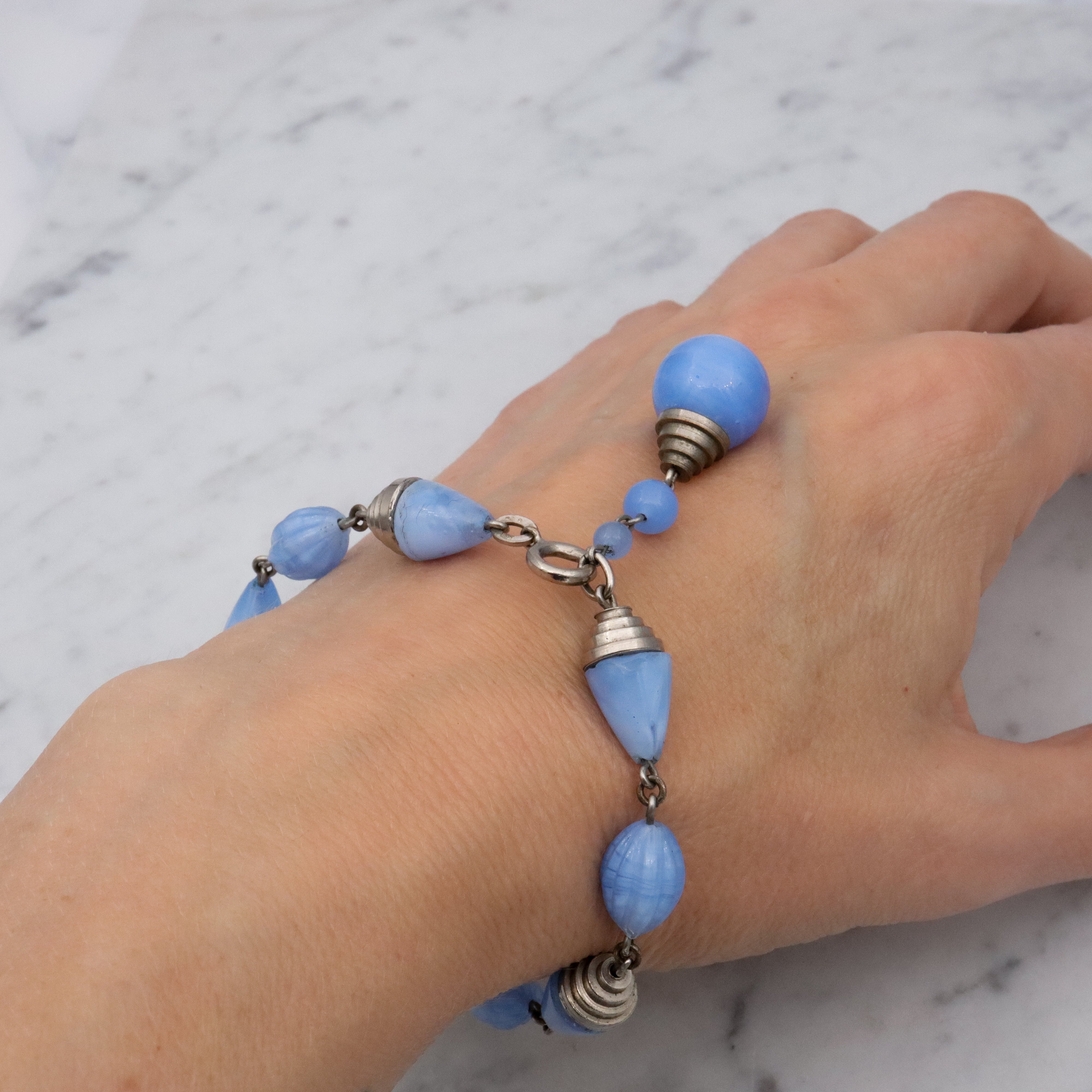 Art Deco blue art glass & chrome tiered beaded bracelet with drop