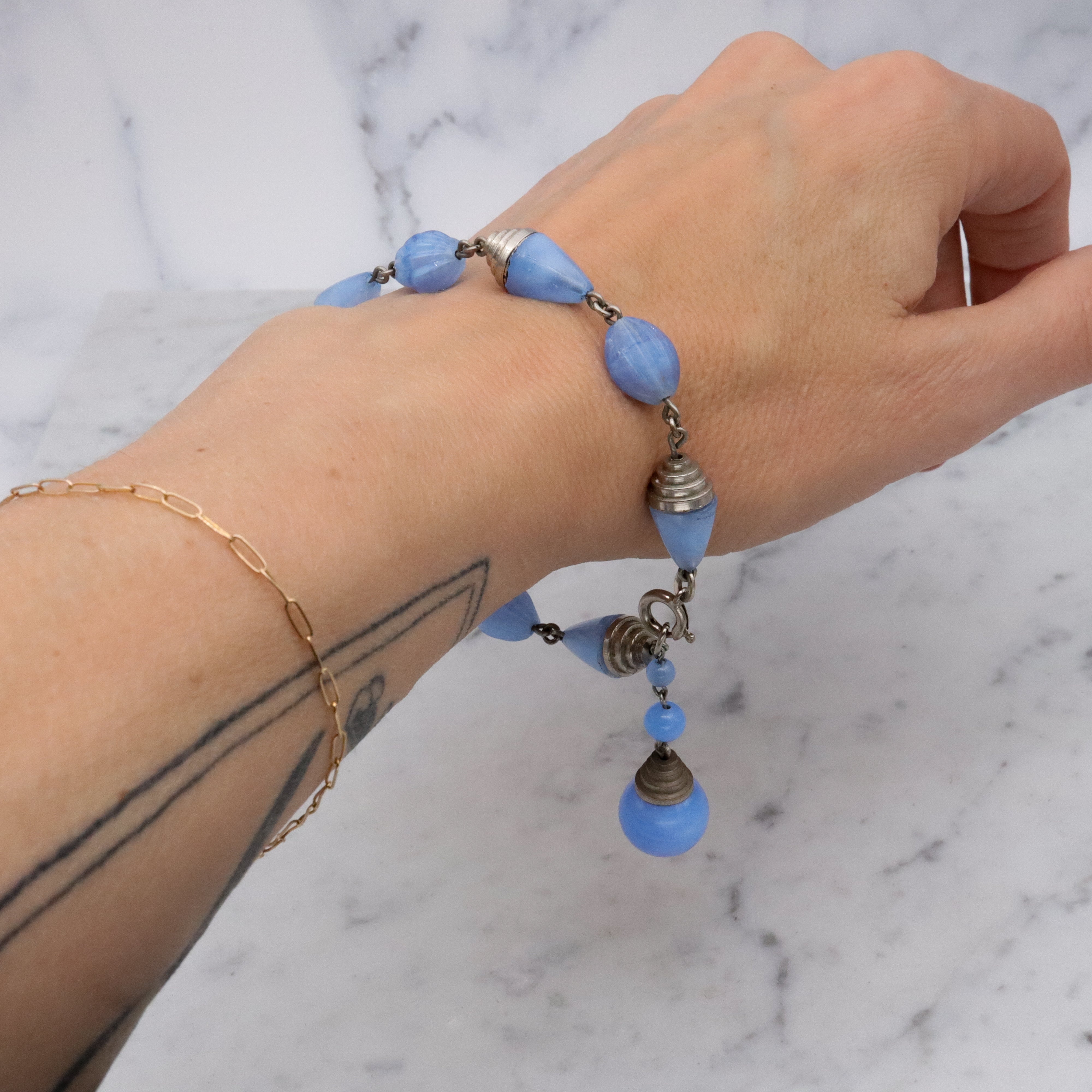Art Deco blue art glass & chrome tiered beaded bracelet with drop