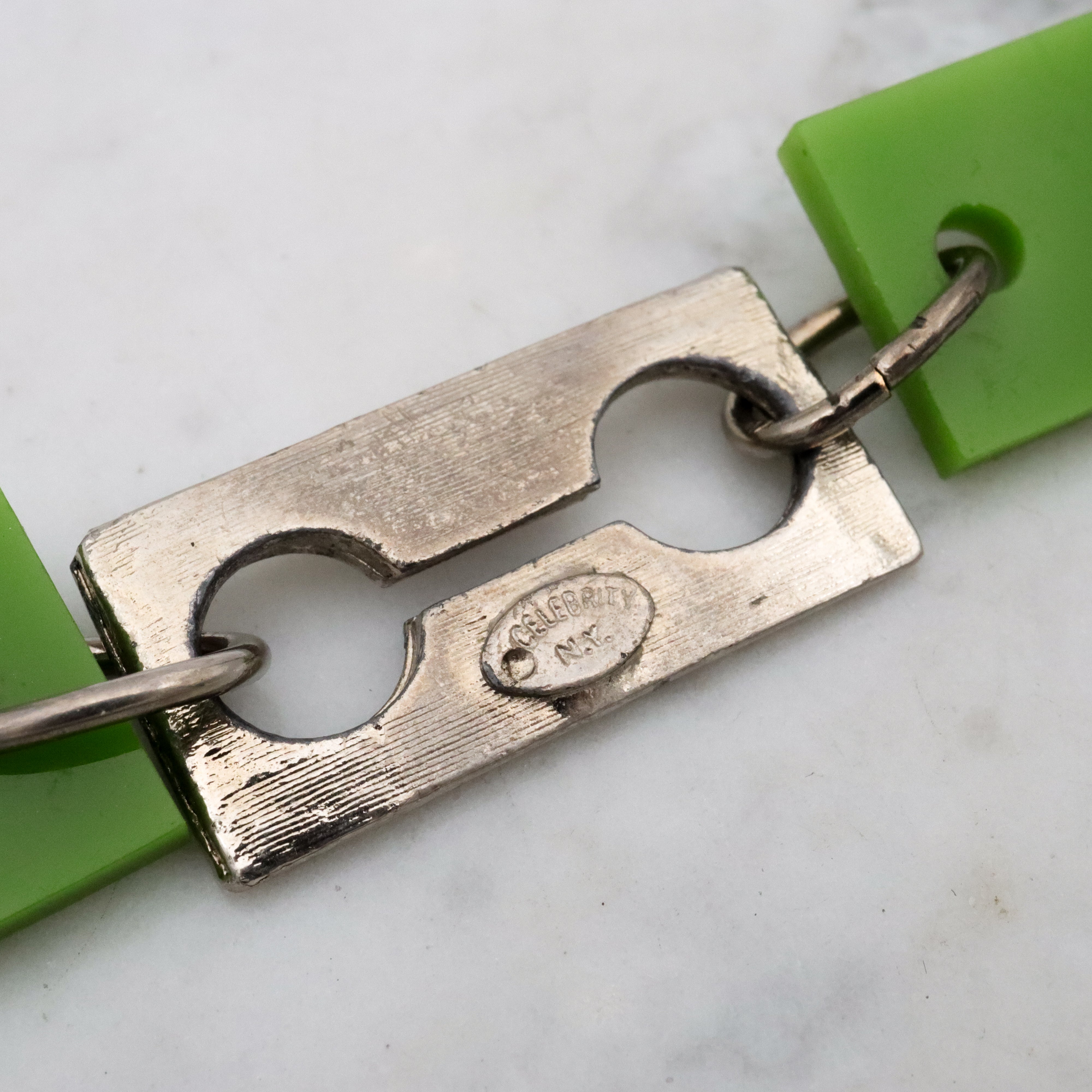 Mid Century Celebrity N.Y. lime green & silver tone razor blade style link bracelet