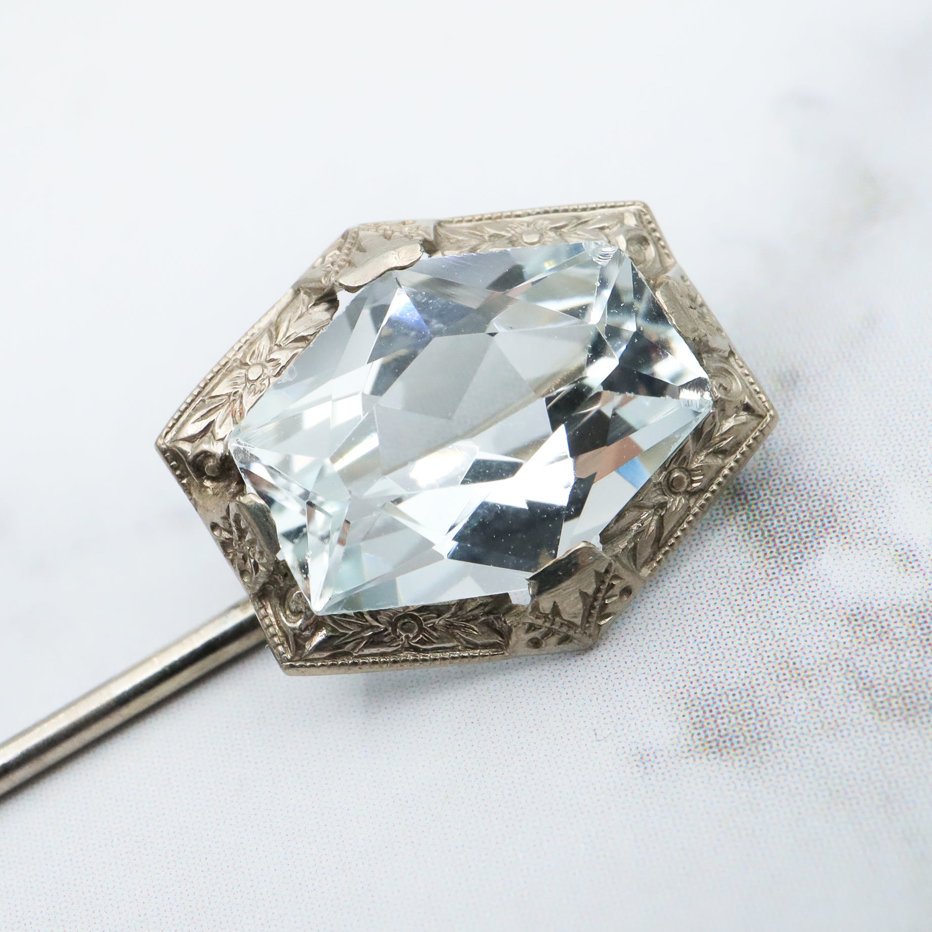 Antique victorian Ostby Barton 10K white gold and aquamarine stick pin
