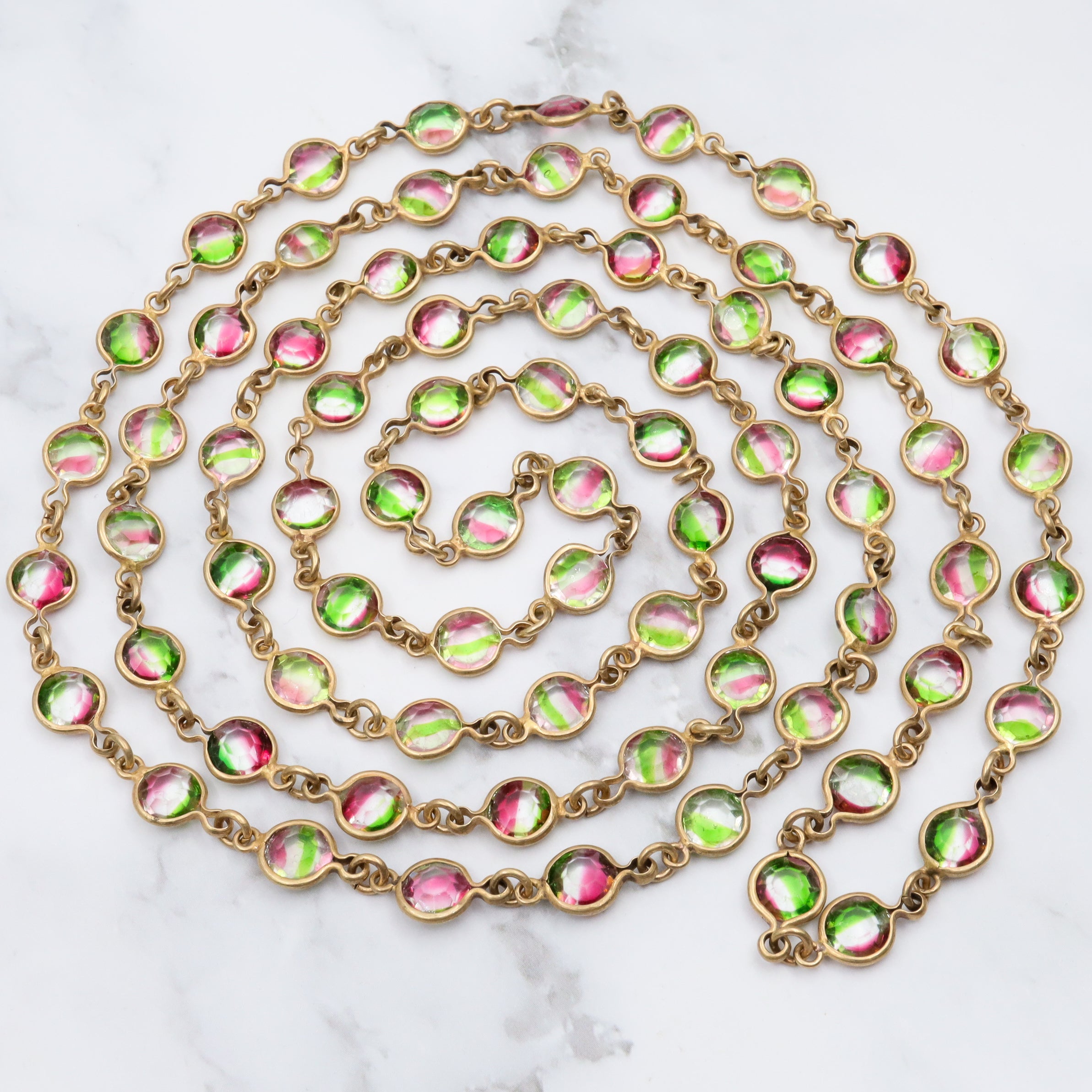 Vintage Austrian watermelon crystal bezel set brass necklace, 46”