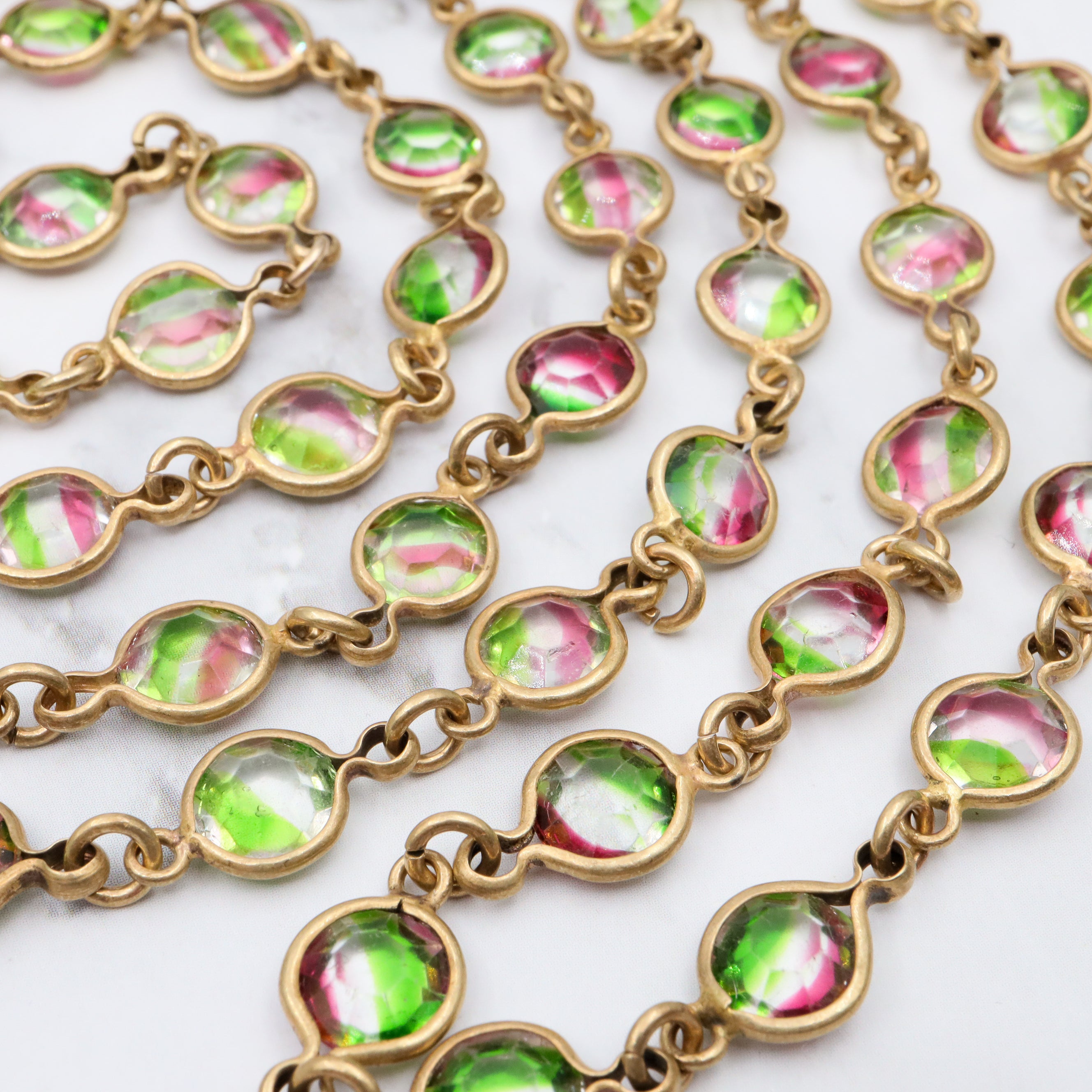 Vintage Austrian watermelon crystal bezel set brass necklace, 46”