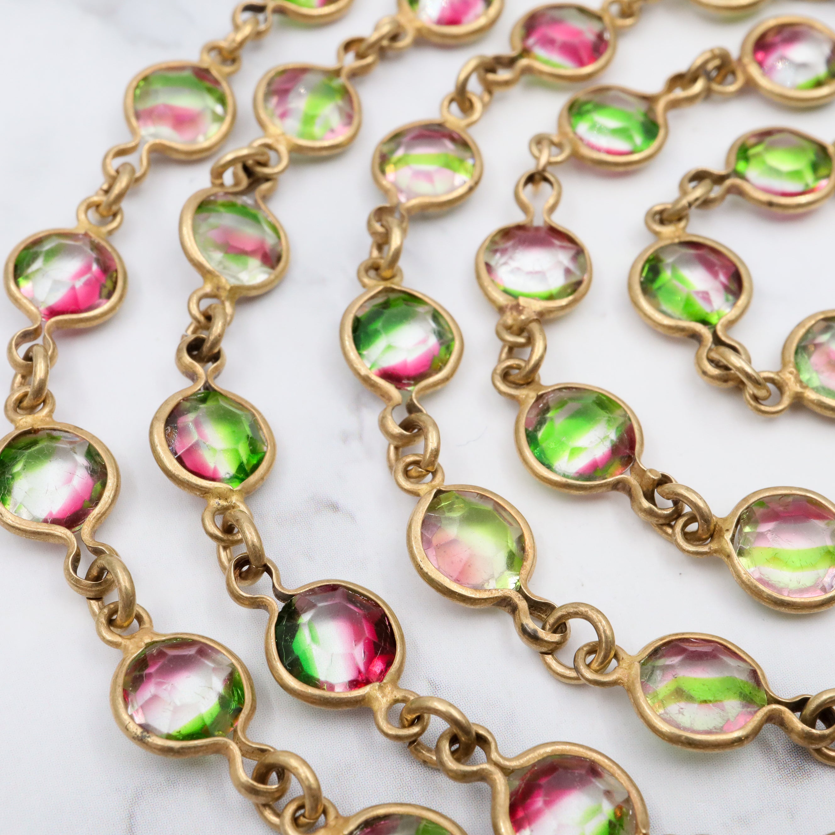 Vintage Austrian watermelon crystal bezel set brass necklace, 46”