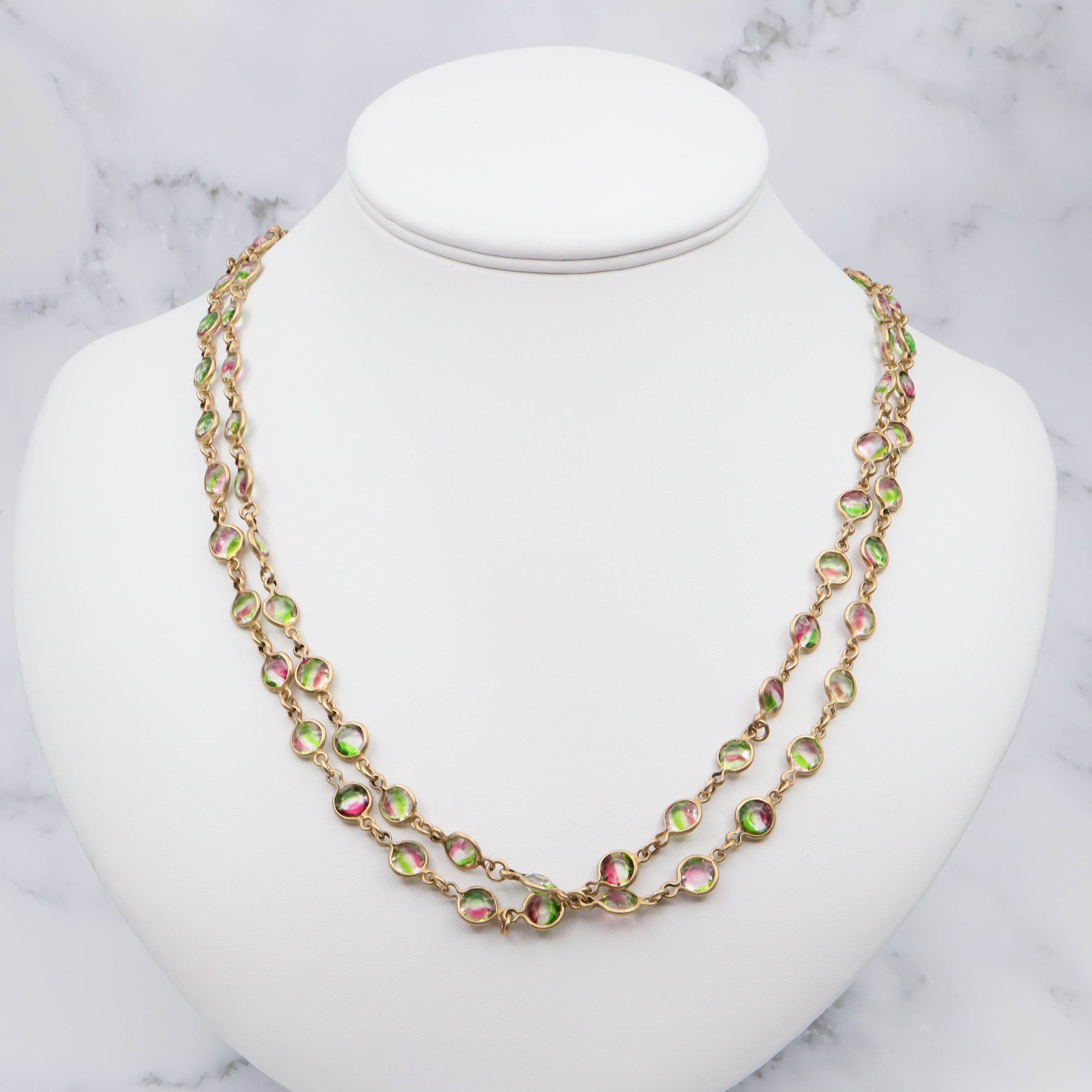 Vintage Austrian watermelon crystal bezel set brass necklace, 46”