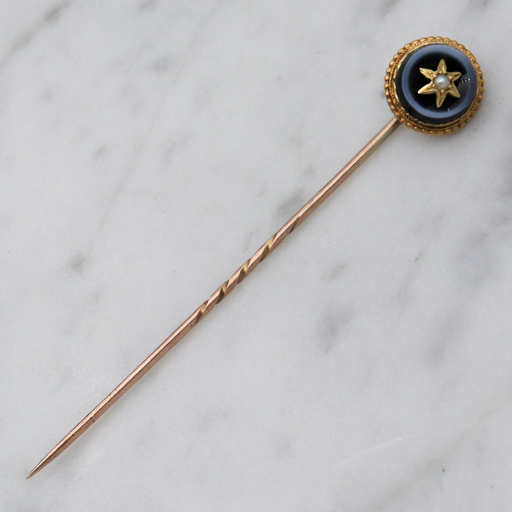 Antique Victorian agate & pearl mourning gilt metal stick pin