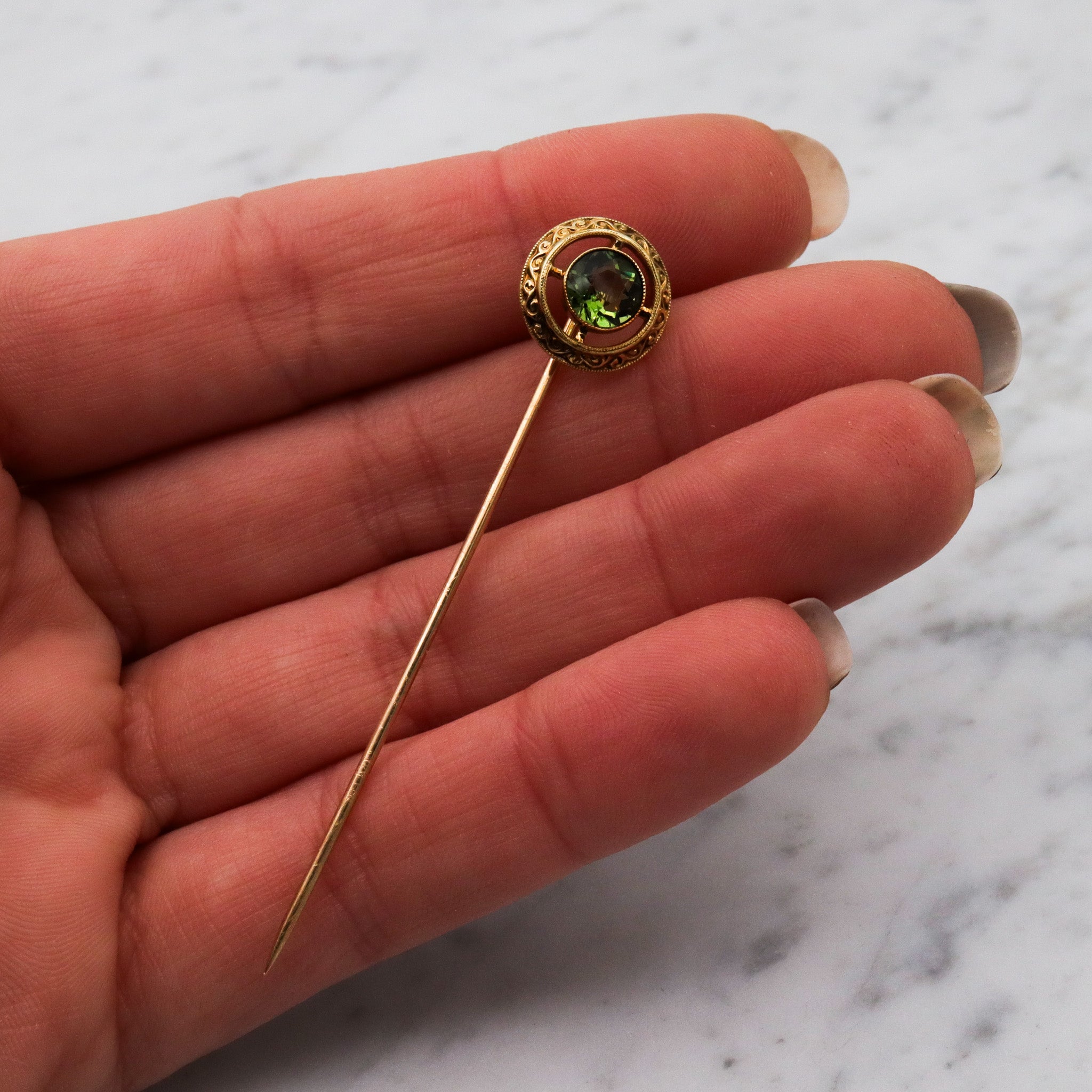 Antique Victorian 14k gold & faux peridot circle stick pin