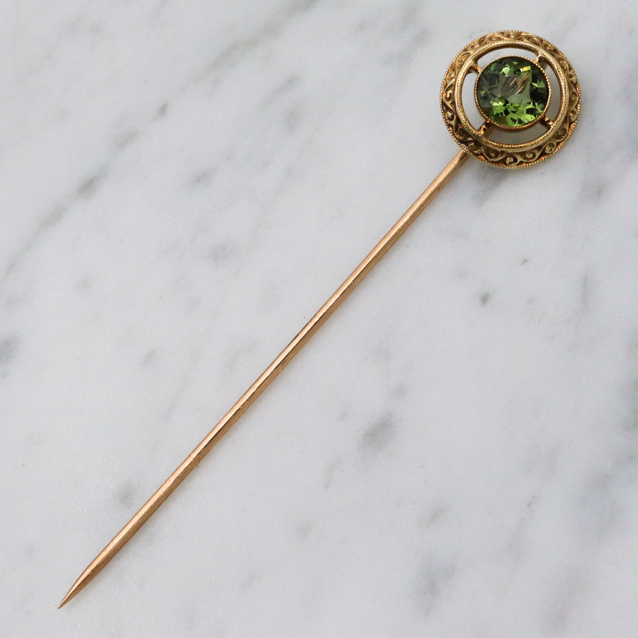 Antique Victorian 14k gold & faux peridot circle stick pin
