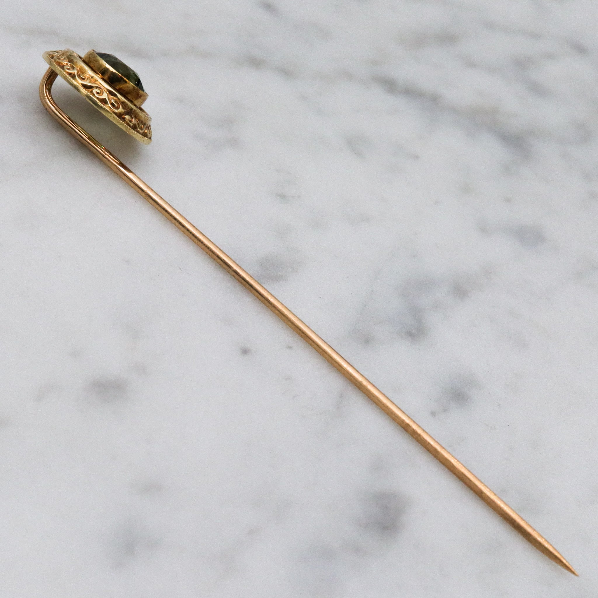 Antique Victorian 14k gold & faux peridot circle stick pin