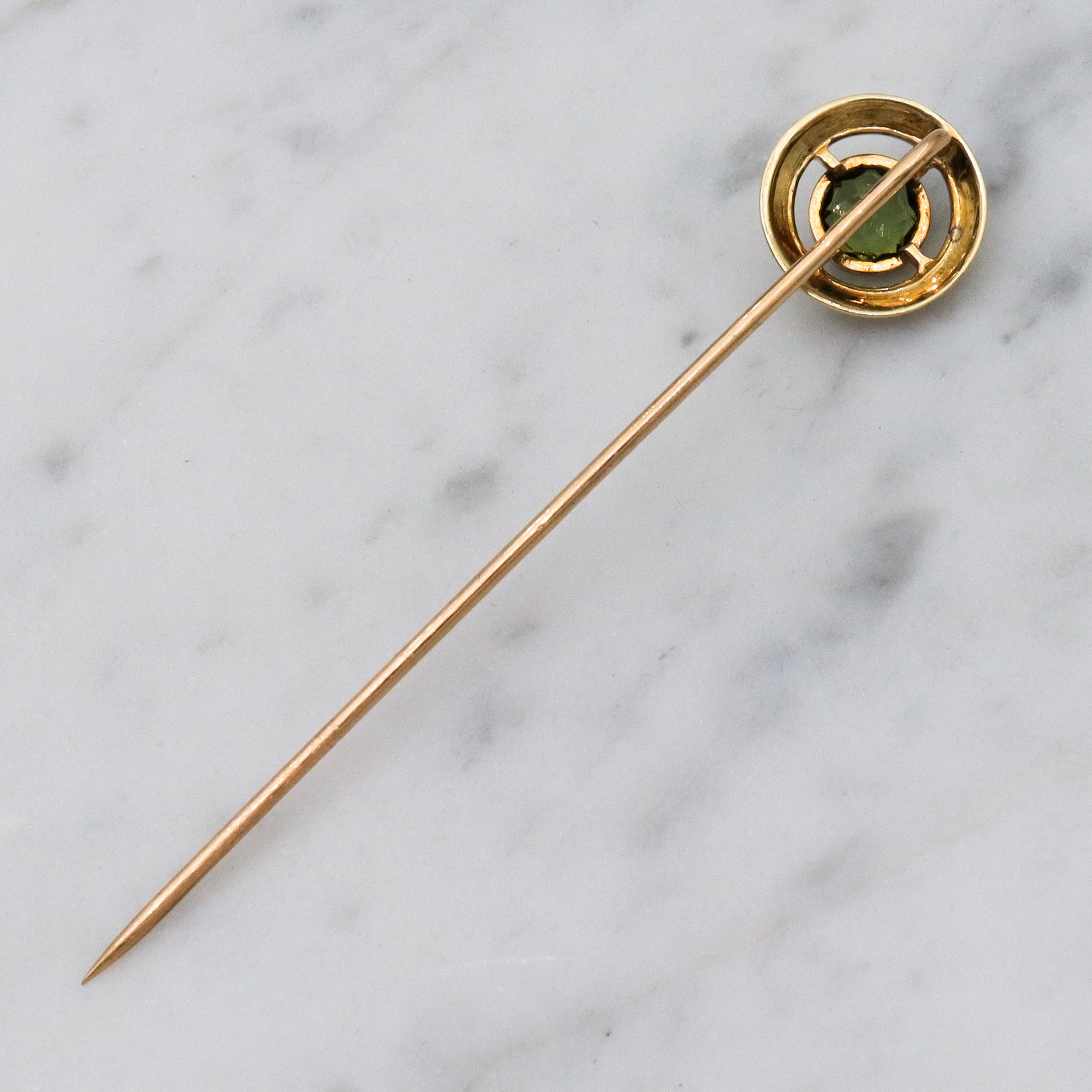 Antique Victorian 14k gold & faux peridot circle stick pin