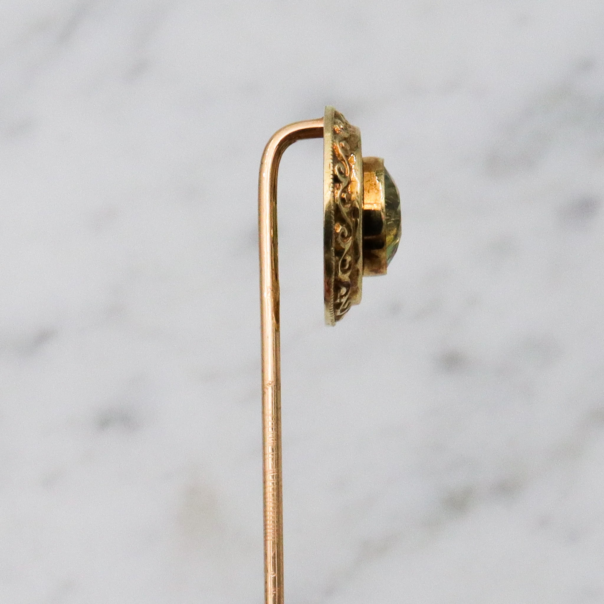 Antique Victorian 14k gold & faux peridot circle stick pin