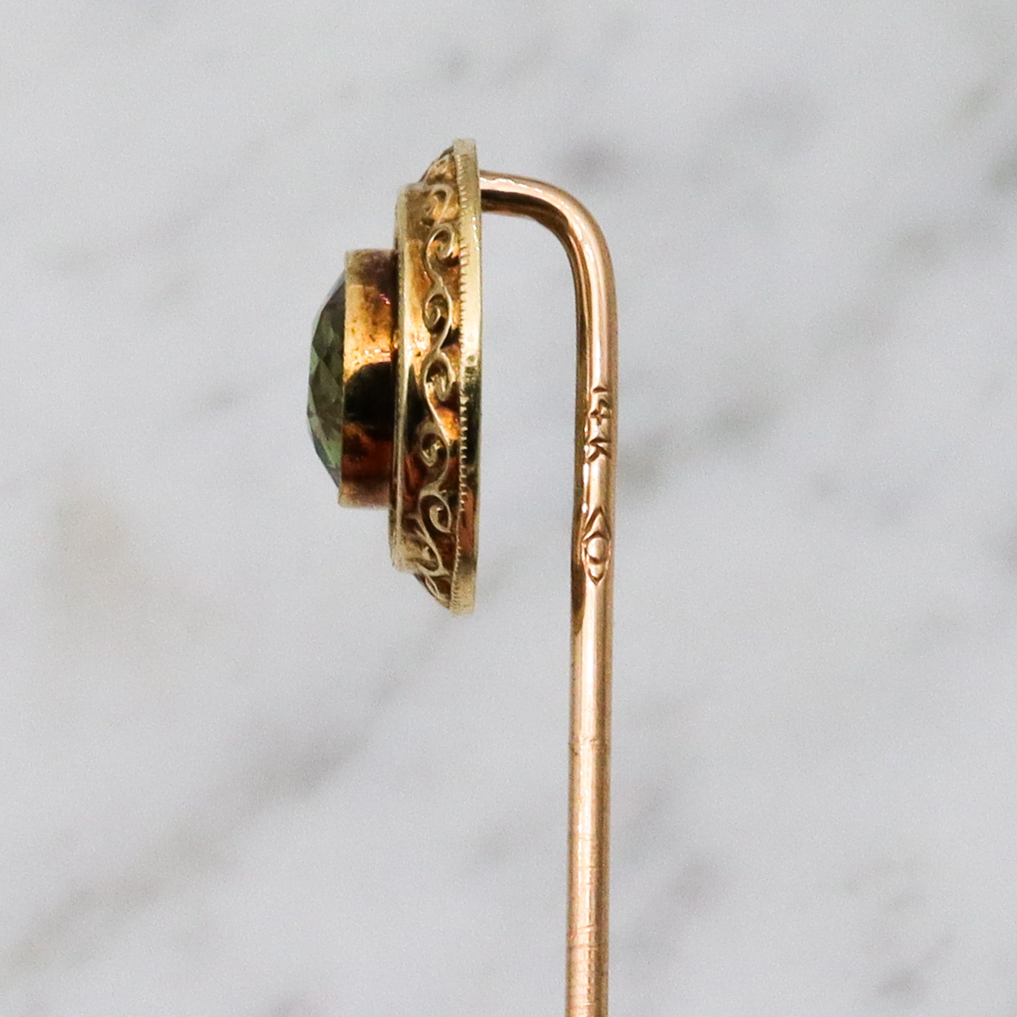 Antique Victorian 14k gold & faux peridot circle stick pin