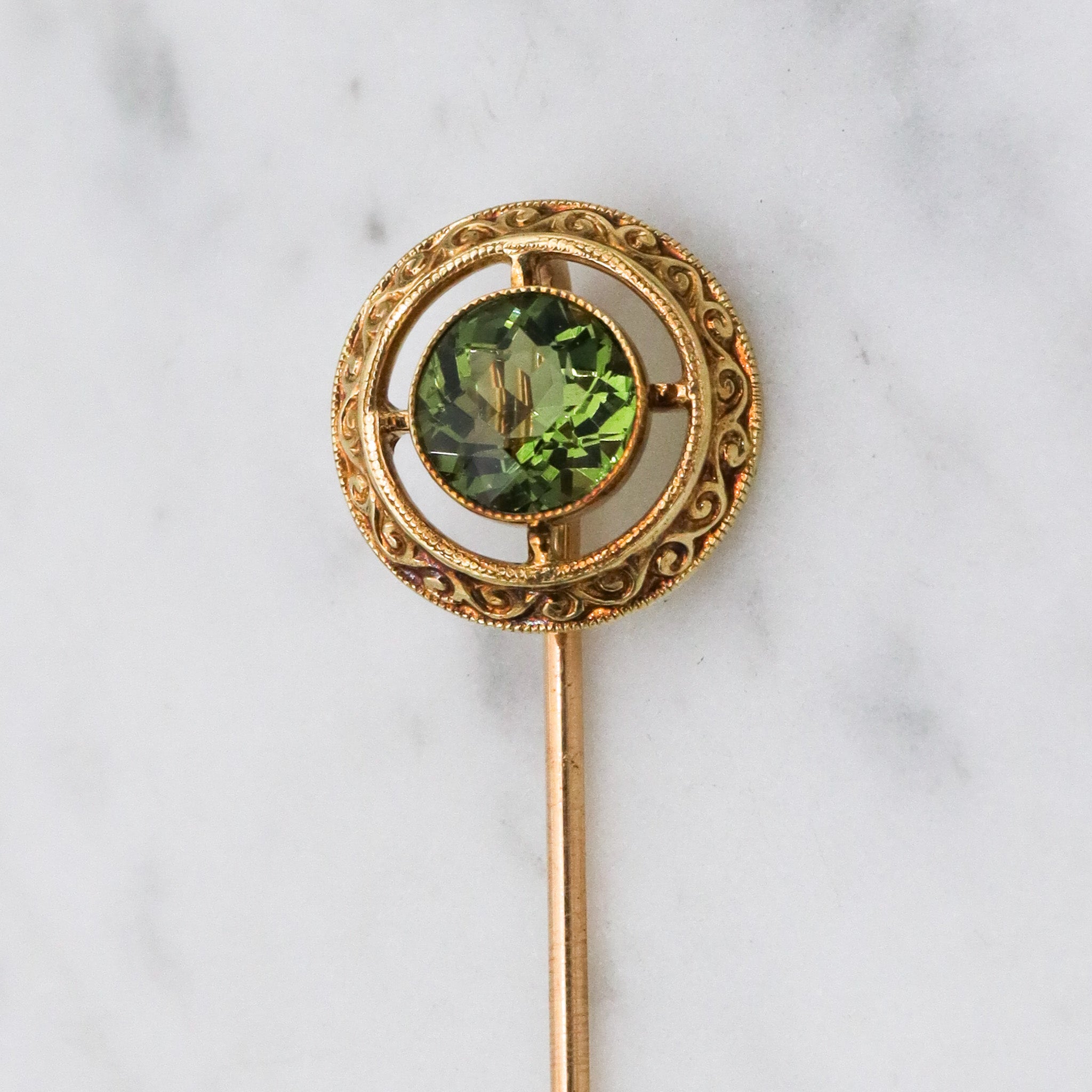Antique Victorian 14k gold & faux peridot circle stick pin