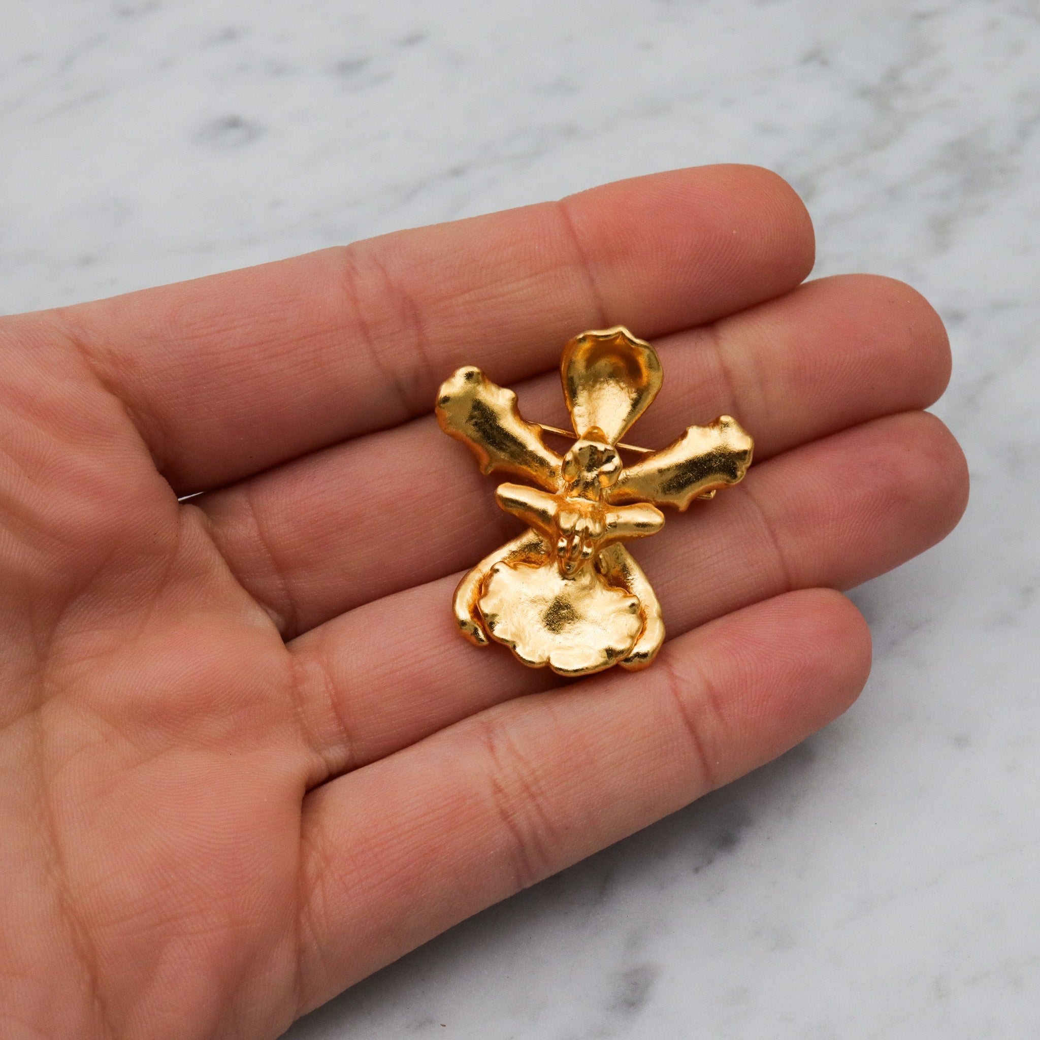 Vintage 22k gold dipped orchid flower brooch / pendant